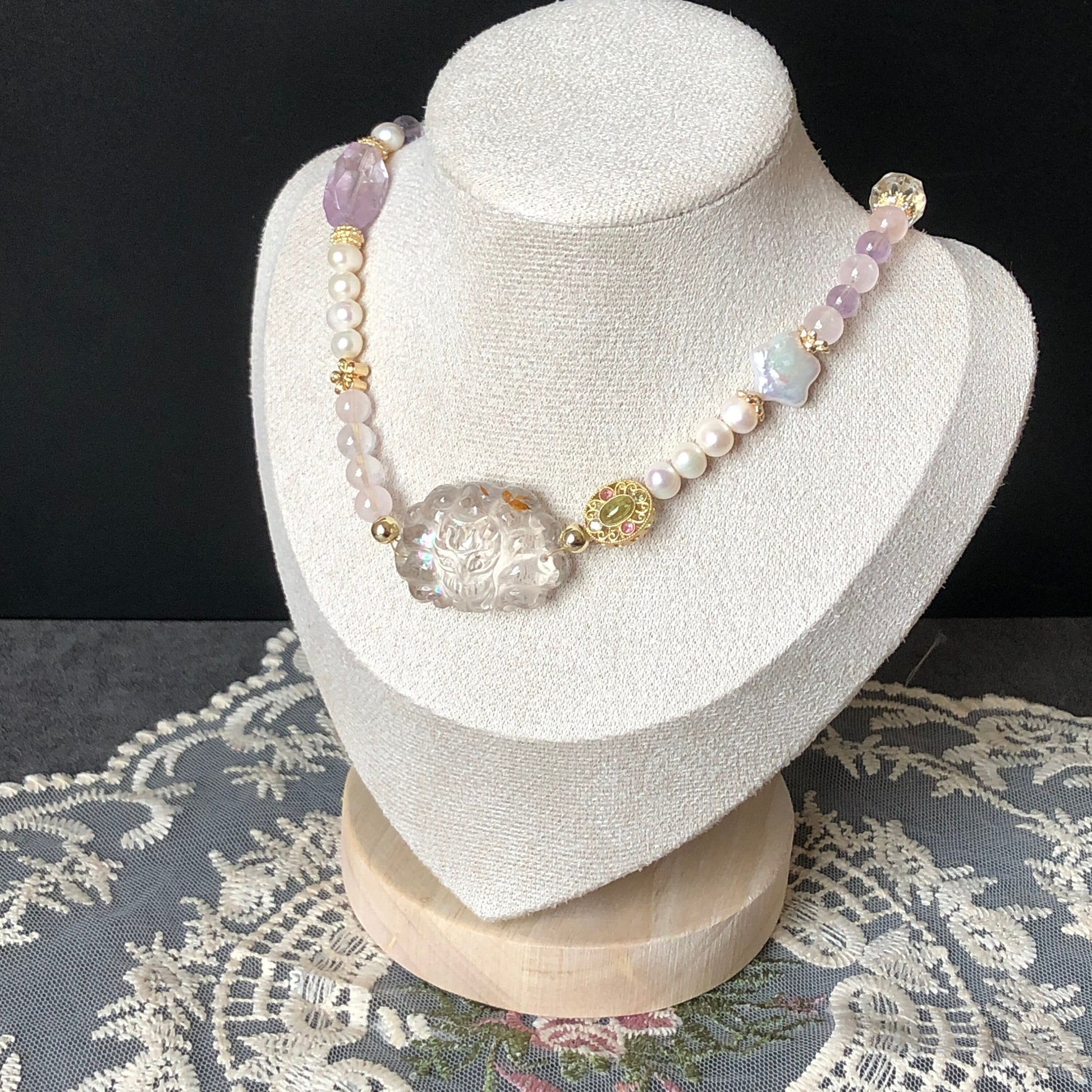 Rainbow Clear Quartz with Hematoid Carved Nine-tailed Fox 2 way Necklace Choker and Bracelet | Rose Quartz, Amethyst and Freshwater Pearl