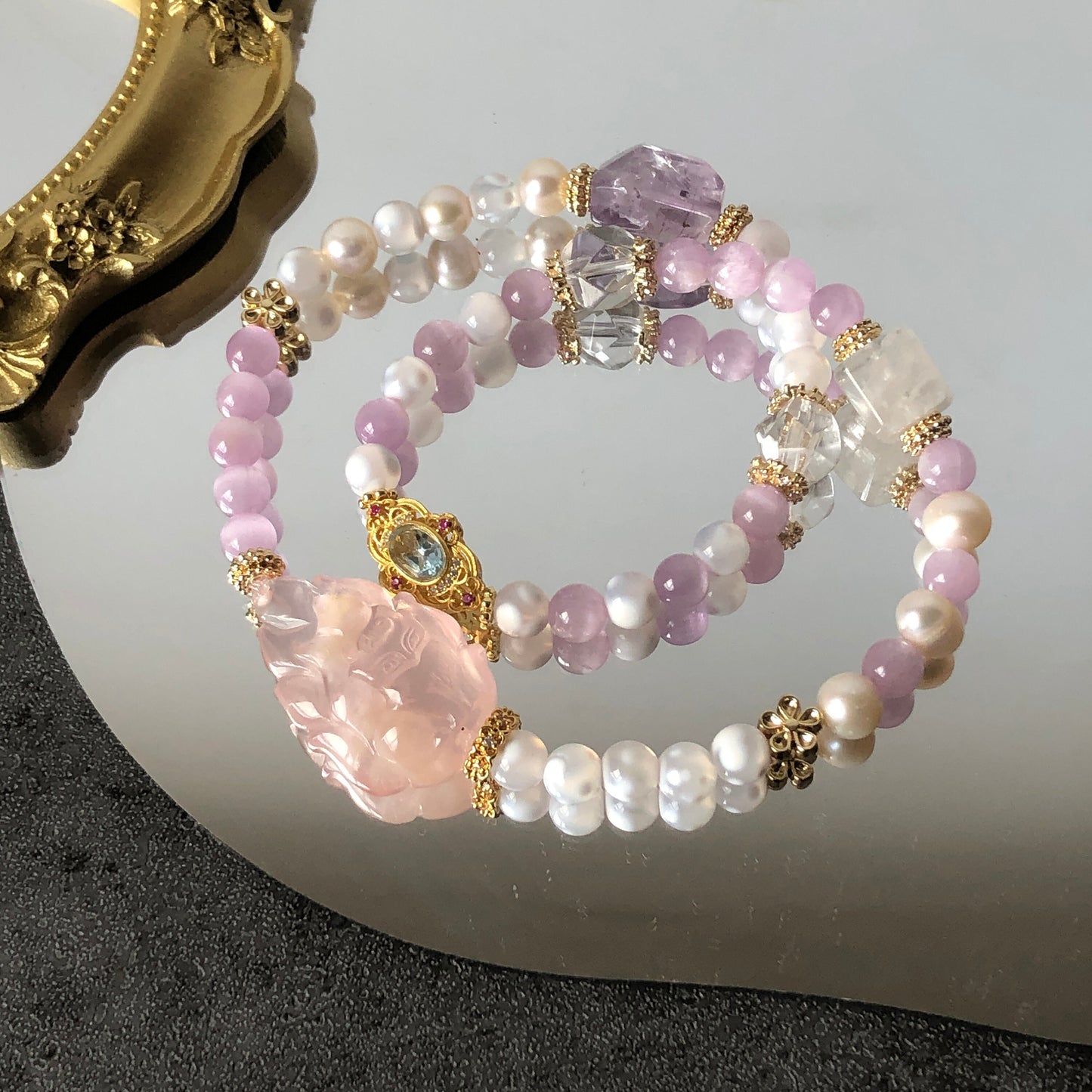 Pink Snow Phantom Quartz Carved Nine-tailed Fox Charm Crystal Double Layer Bracelet | with Kunzite, Snowflake Agate, Pearl | Love & Healing