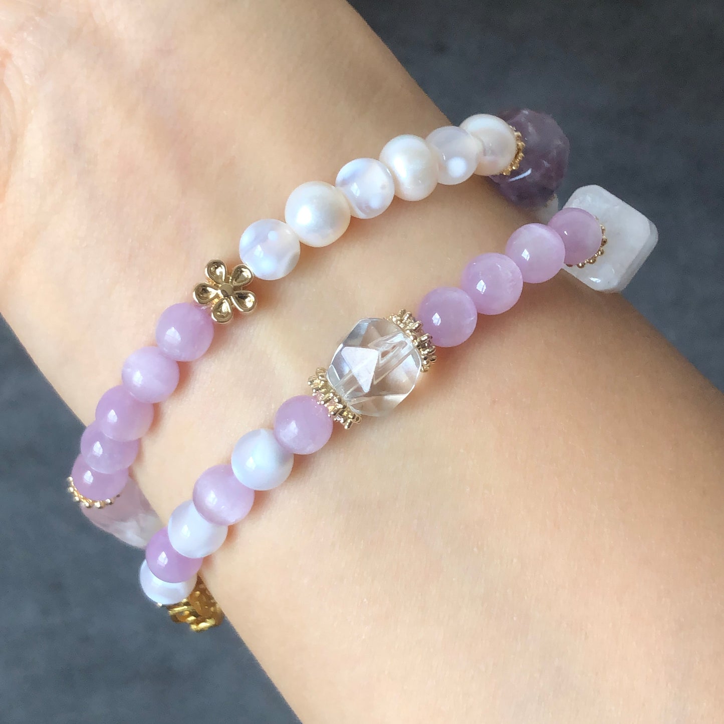 Pink Snow Phantom Quartz Carved Nine-tailed Fox Charm Crystal Double Layer Bracelet | with Kunzite, Snowflake Agate, Pearl | Love & Healing