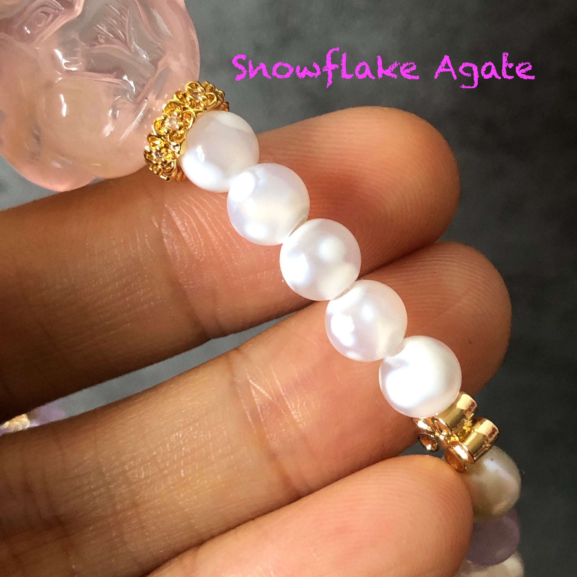 Pink Snow Phantom Quartz Carved Nine-tailed Fox Charm Crystal Double Layer Bracelet | with Kunzite, Snowflake Agate, Pearl | Love & Healing