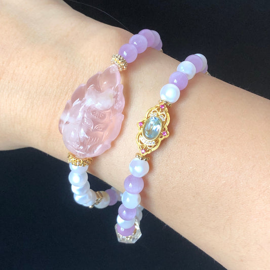 Pink Snow Phantom Quartz Carved Nine-tailed Fox Charm Crystal Double Layer Bracelet | with Kunzite, Snowflake Agate, Pearl | Love & Healing