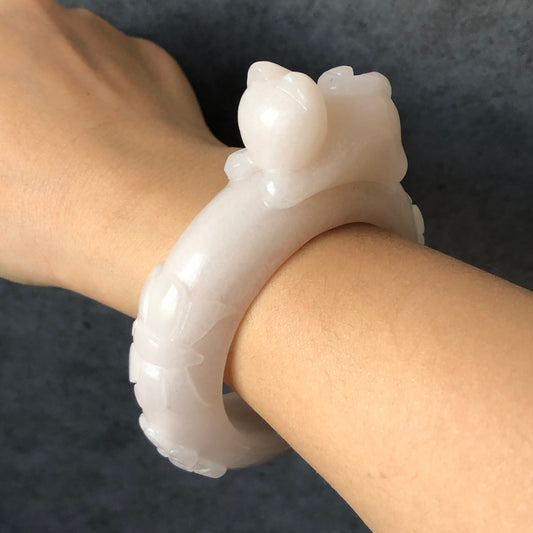 52mm Custom Size Natural She Taicui jade (Quartzite) Carved Kitten Cat with Flowers Butterfly Bangle | Wedding Dress Milky White