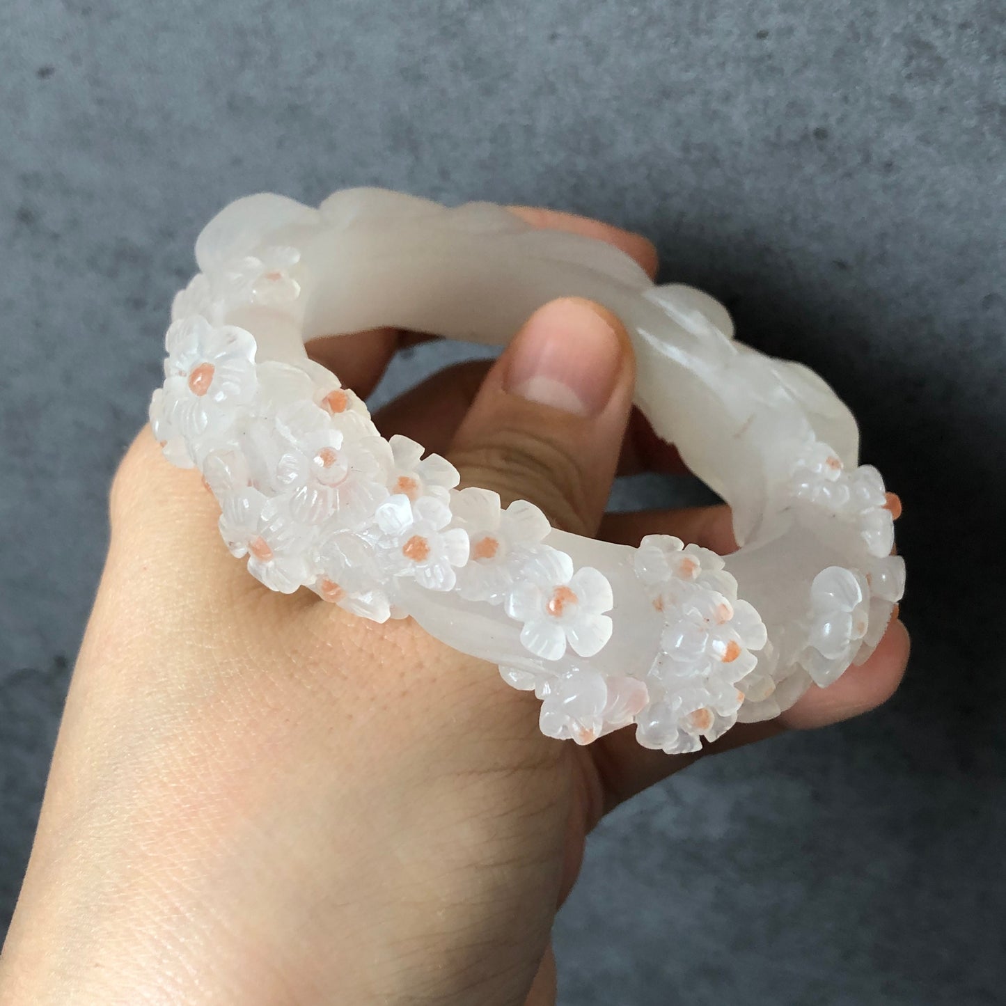 52.3mm Custom Size Natural SheTaiCui Jade (Quartzite) Hand Carved Nine-tailed Fox Flower Stone Crystal Bangle | Coral Pink Dots | Icy Milky