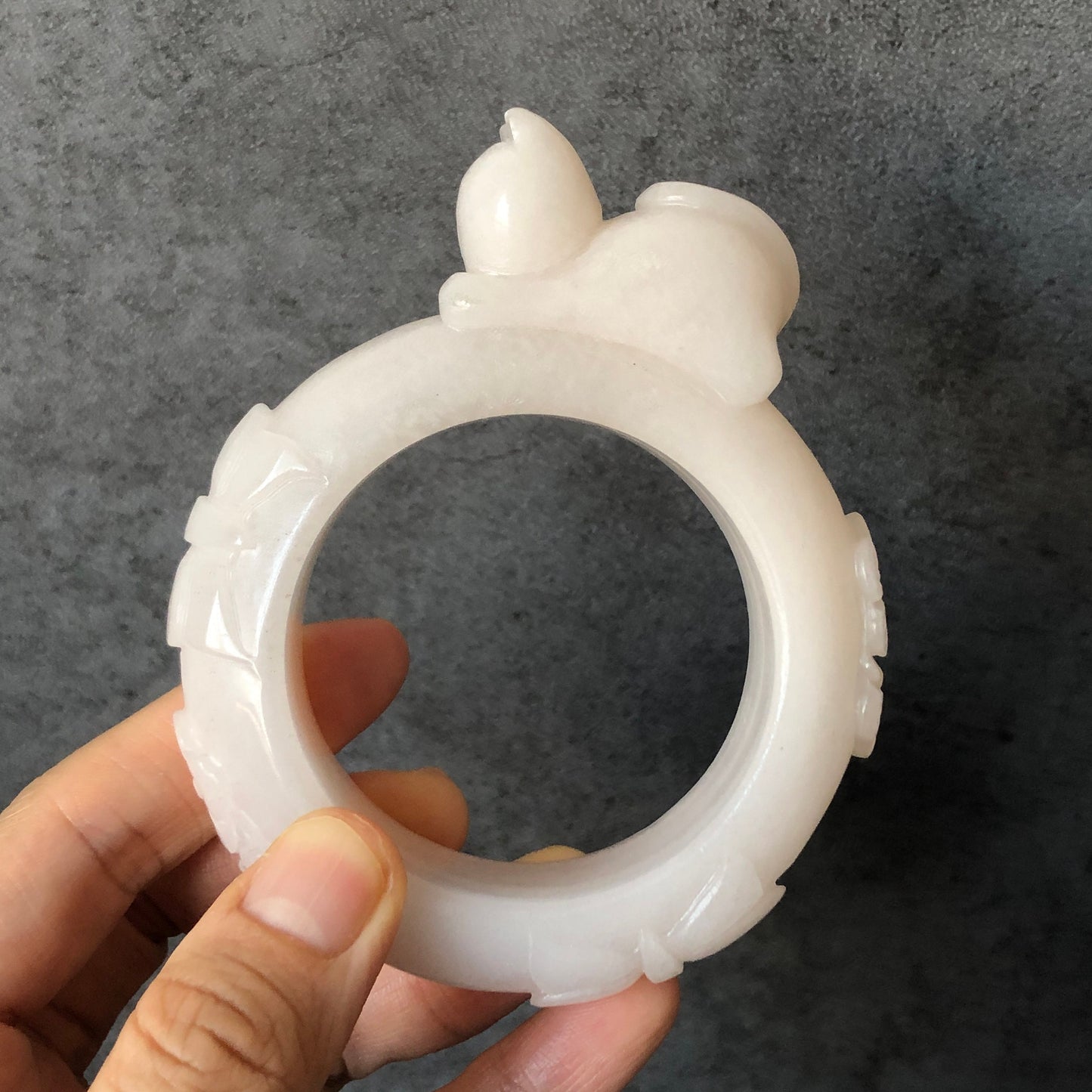 52mm Custom Size Natural She Taicui jade (Quartzite) Carved Kitten Cat with Flowers Butterfly Bangle | Wedding Dress Milky White