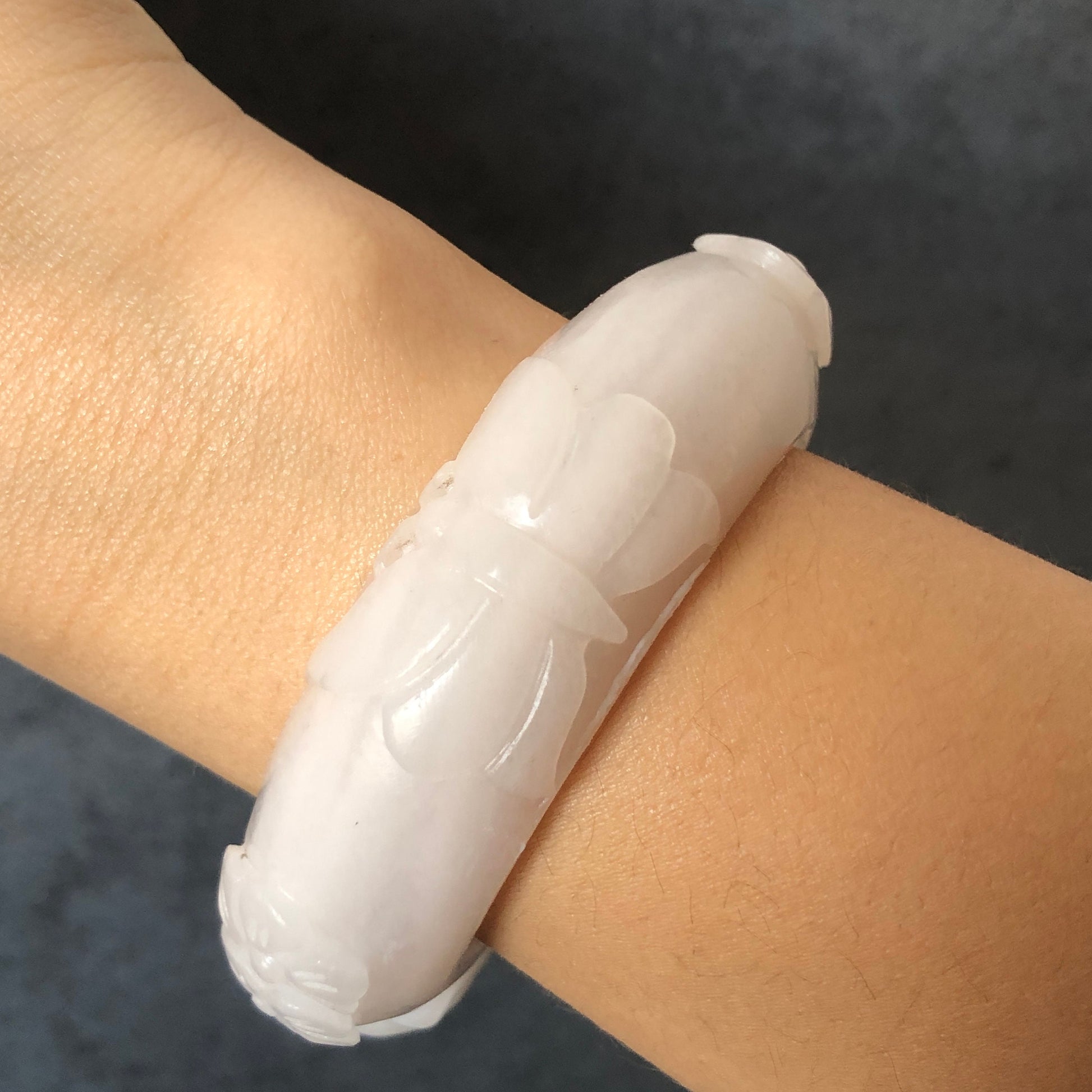 52mm Custom Size Natural She Taicui jade (Quartzite) Carved Kitten Cat with Flowers Butterfly Bangle | Wedding Dress Milky White