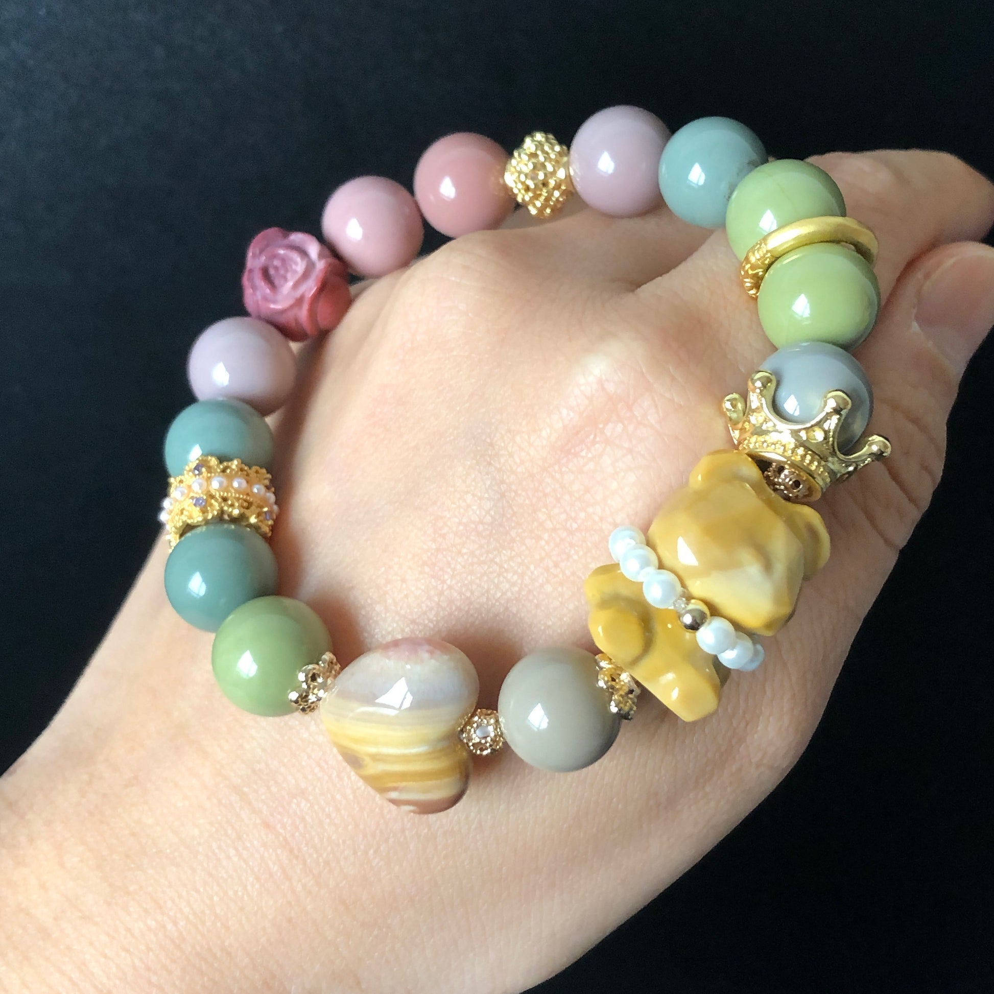 Alashan Agate carved Bear Prince bead bracelet | Forest and Light Prince | Green Brown and Milky Yellow | Custom made gemstone Gift for her