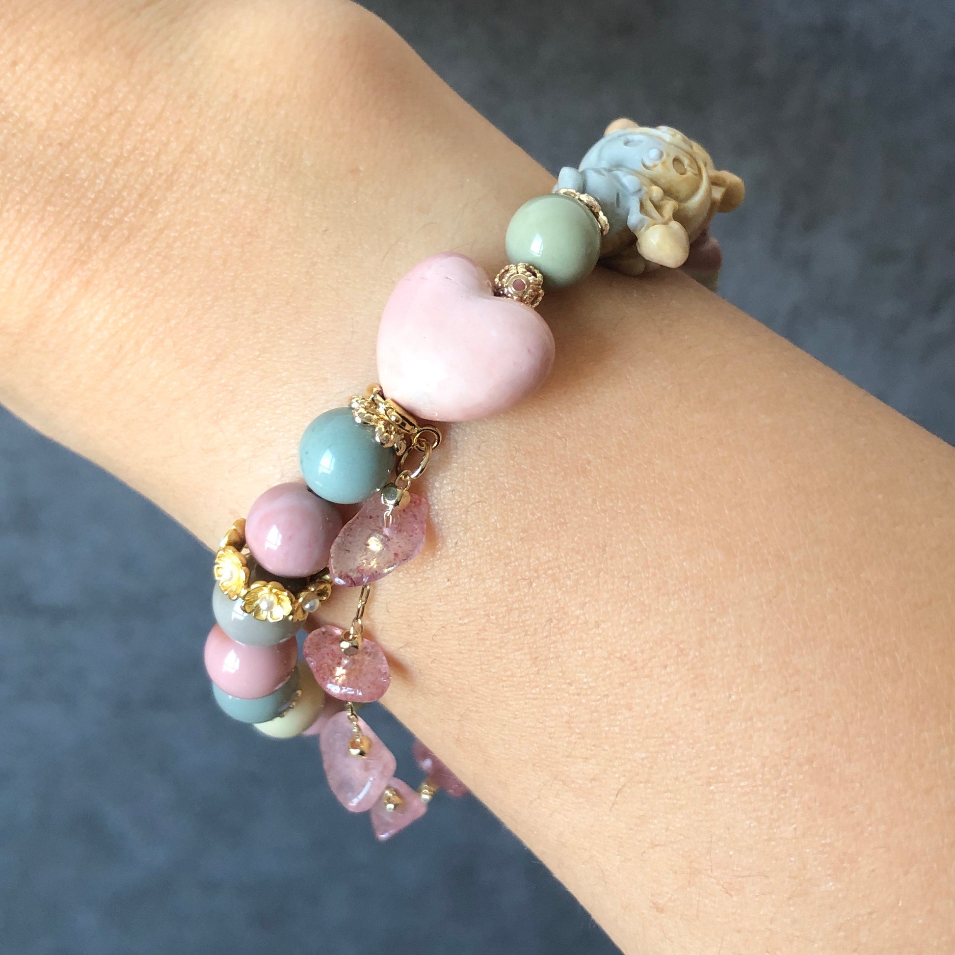 Alashan Agate carved Cupid Kuromi Bead Crystal Bracelet with Strawberry Quartz Chain | Macaron colour | Sakura and Heart Charm | Custom Made