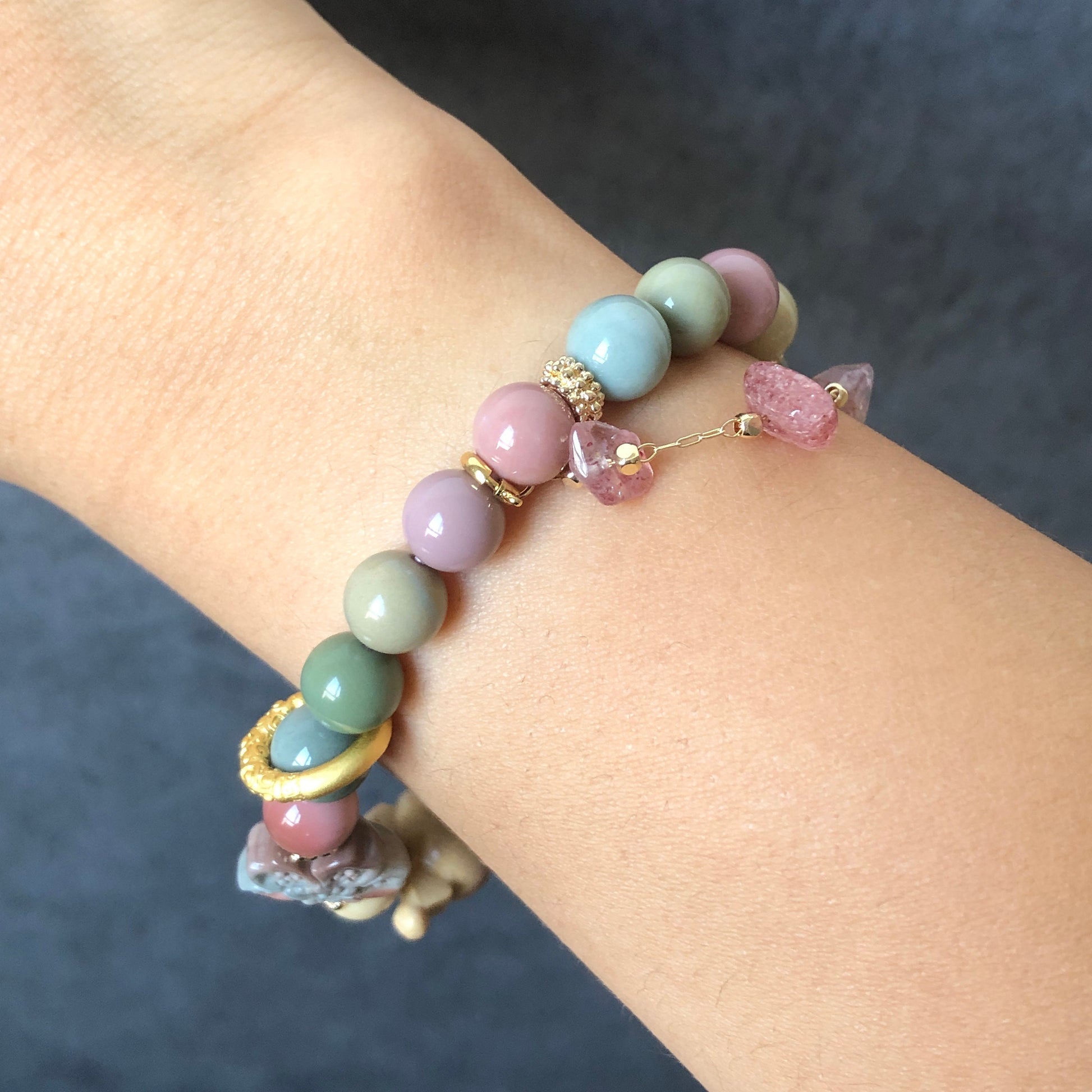 Alashan Agate carved Cupid Kuromi Bead Crystal Bracelet with Strawberry Quartz Chain | Macaron colour | Sakura and Heart Charm | Custom Made