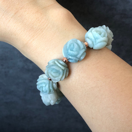 Natural SheTaicui jade (Quartzite) Carved Blue Rose icy crystal charms Bracelet | Blue Sky and White Cloud | Cute & Sweet | Custom made