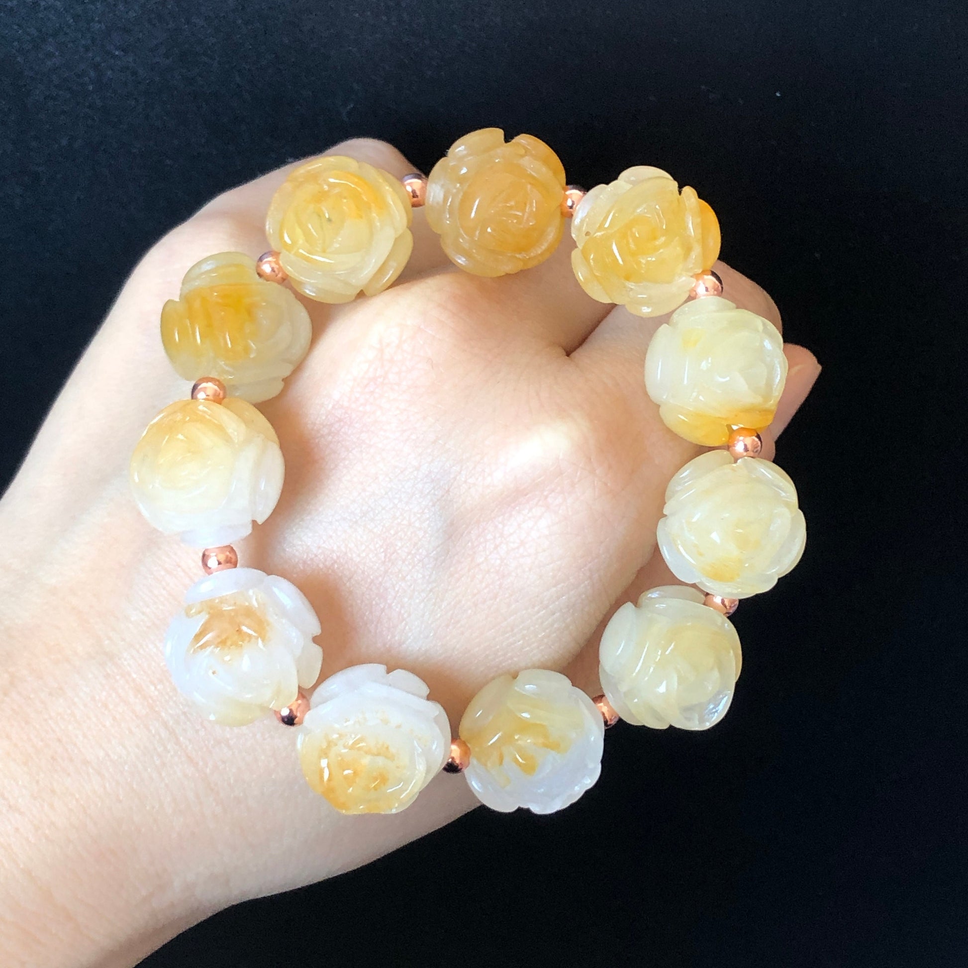 Natural SheTaicui Jade (Quartzite) carved icy Rose crystal charms Bracelet | Yellow Pinapple, Blue Sky, Sakura Pink | Personalized Gift