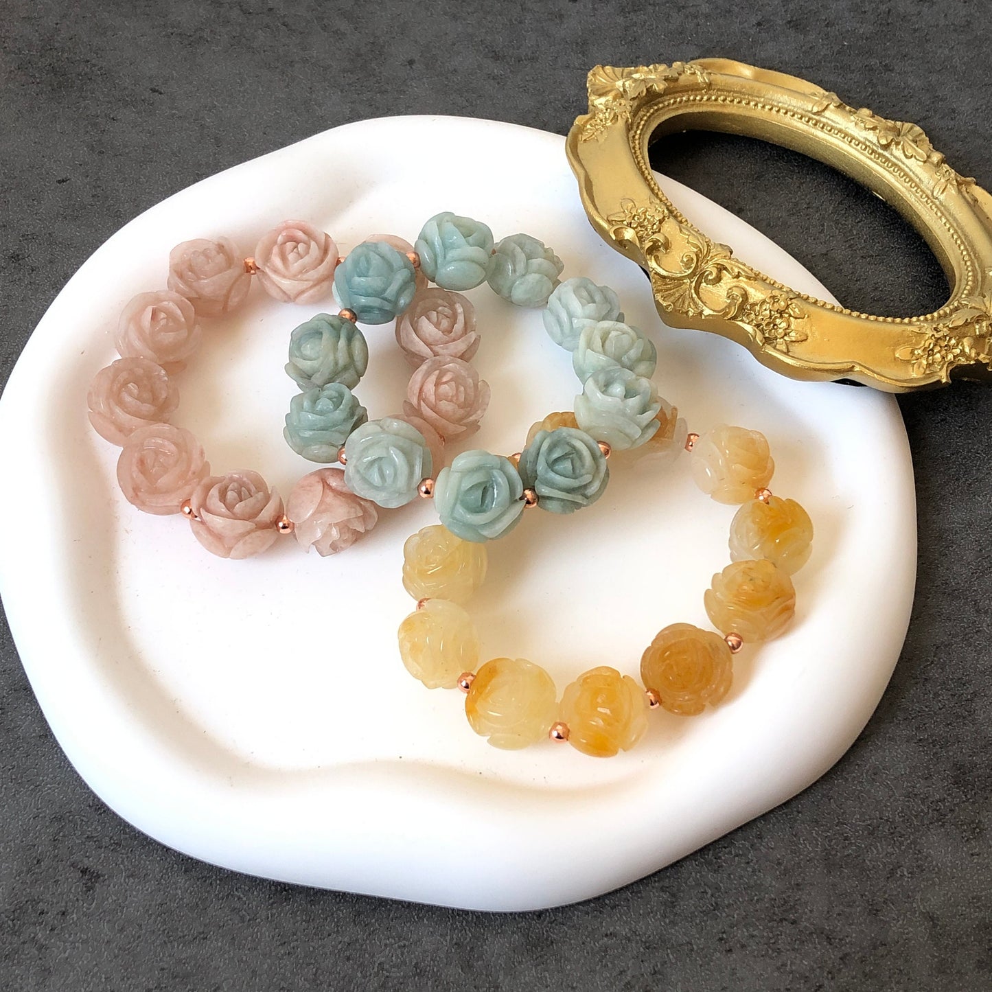 Natural SheTaicui Jade (Quartzite) carved icy Rose crystal charms Bracelet | Yellow Pinapple, Blue Sky, Sakura Pink | Personalized Gift