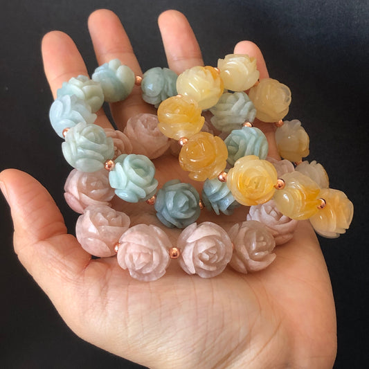 Natural SheTaicui Jade (Quartzite) carved icy Rose crystal charms Bracelet | Yellow Pinapple, Blue Sky, Sakura Pink | Personalized Gift