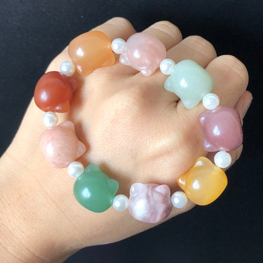 Natural SheTaicui Jade (Quartzite) carved icy Cat charms crystal Bracelet | Rainbow colour | Sweet & Cute | Cat lovers | Personalized Gift