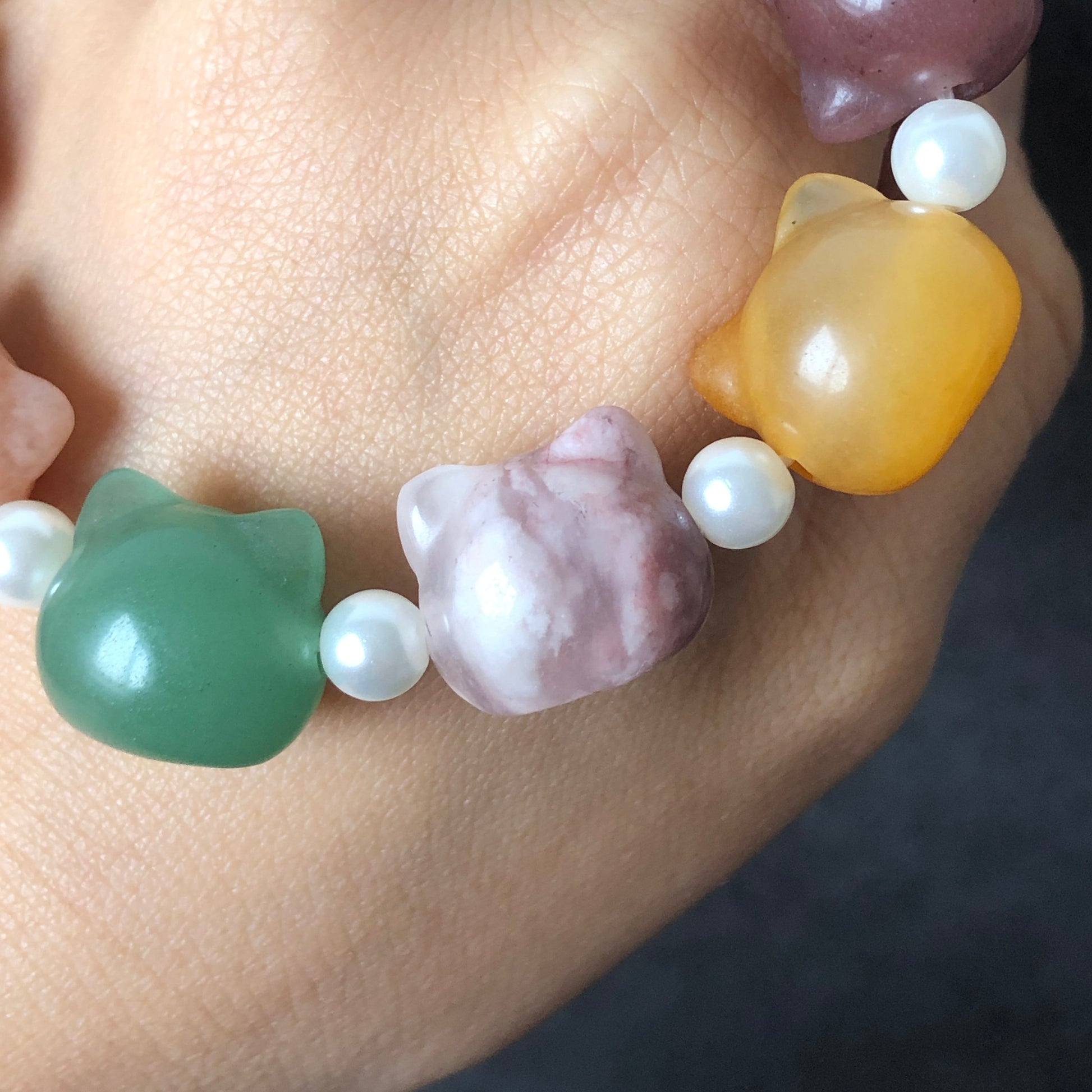 Natural SheTaicui Jade (Quartzite) carved icy Cat charms crystal Bracelet | Rainbow colour | Sweet & Cute | Cat lovers | Personalized Gift