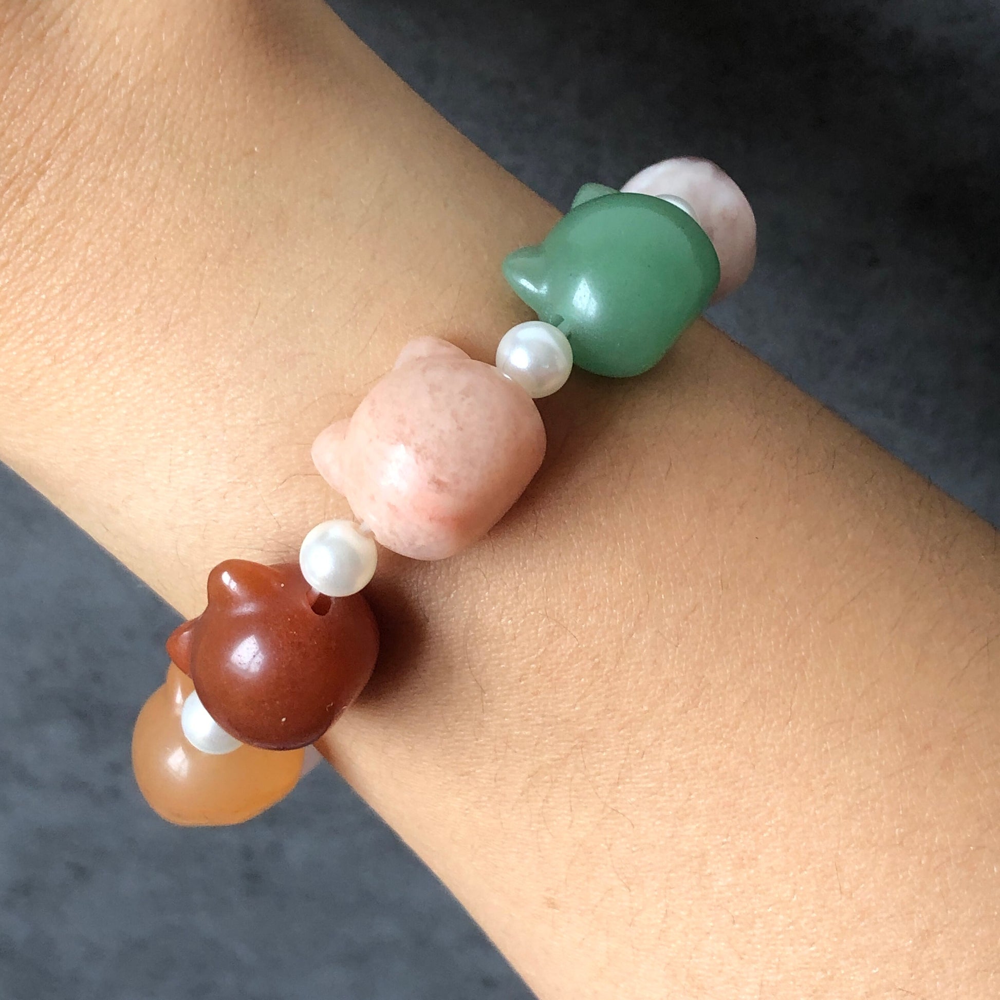 Natural SheTaicui Jade (Quartzite) carved icy Cat charms crystal Bracelet | Rainbow colour | Sweet & Cute | Cat lovers | Personalized Gift