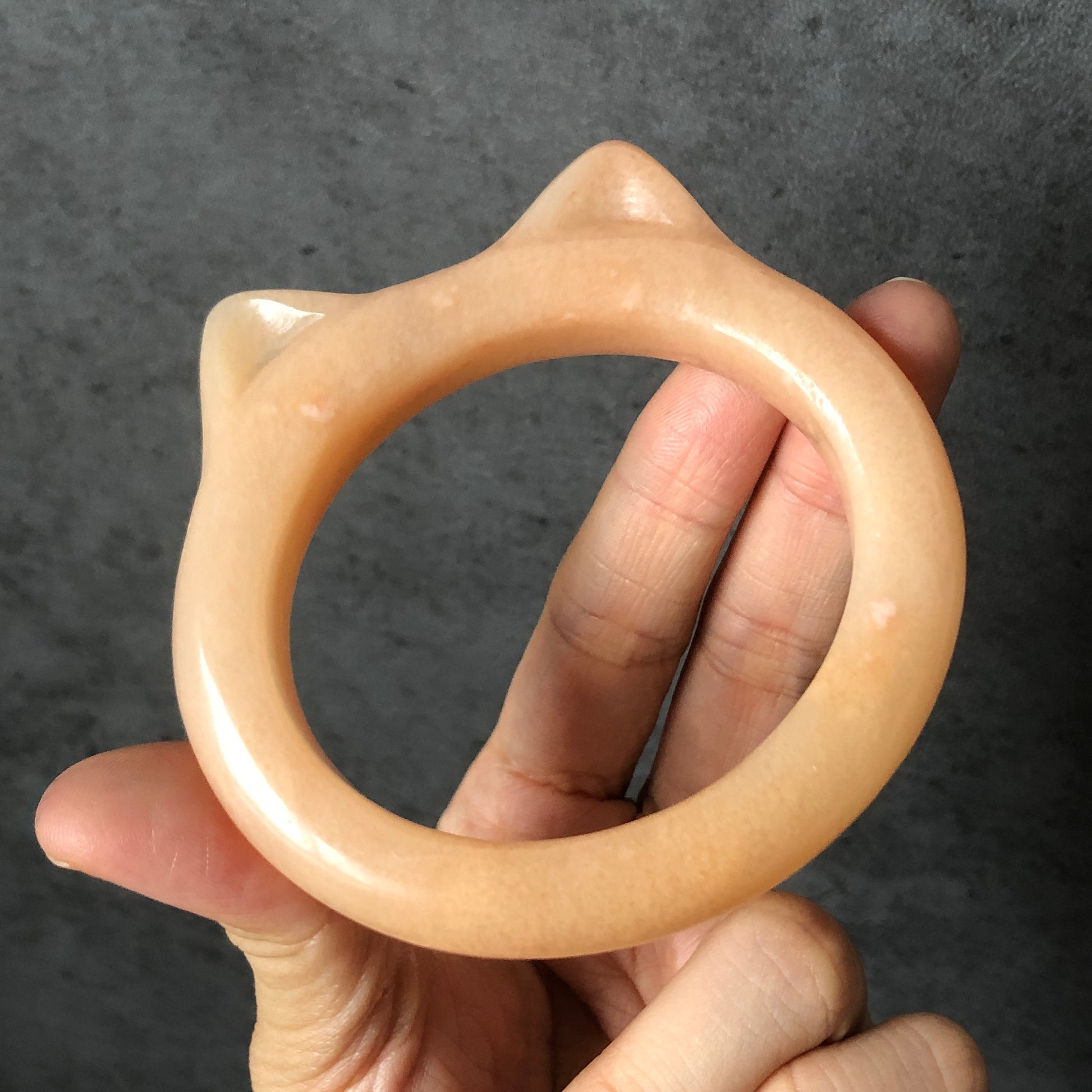 54-57mm Custom Size Natural She Taicui jade (Quartzite) Carved Kitten Cat Ears Crystal Oval Bangle bracelet | Icy Coral Colour | Cute Sweet