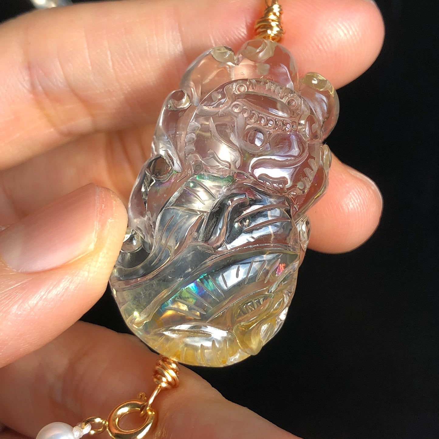 High Quality Natural Rainbow Yellow Hematoid Quartz Crystal Hand Carved Nine-tailed Fox Pendant | Aquamarine Pearl Tassel | Necklace Chain