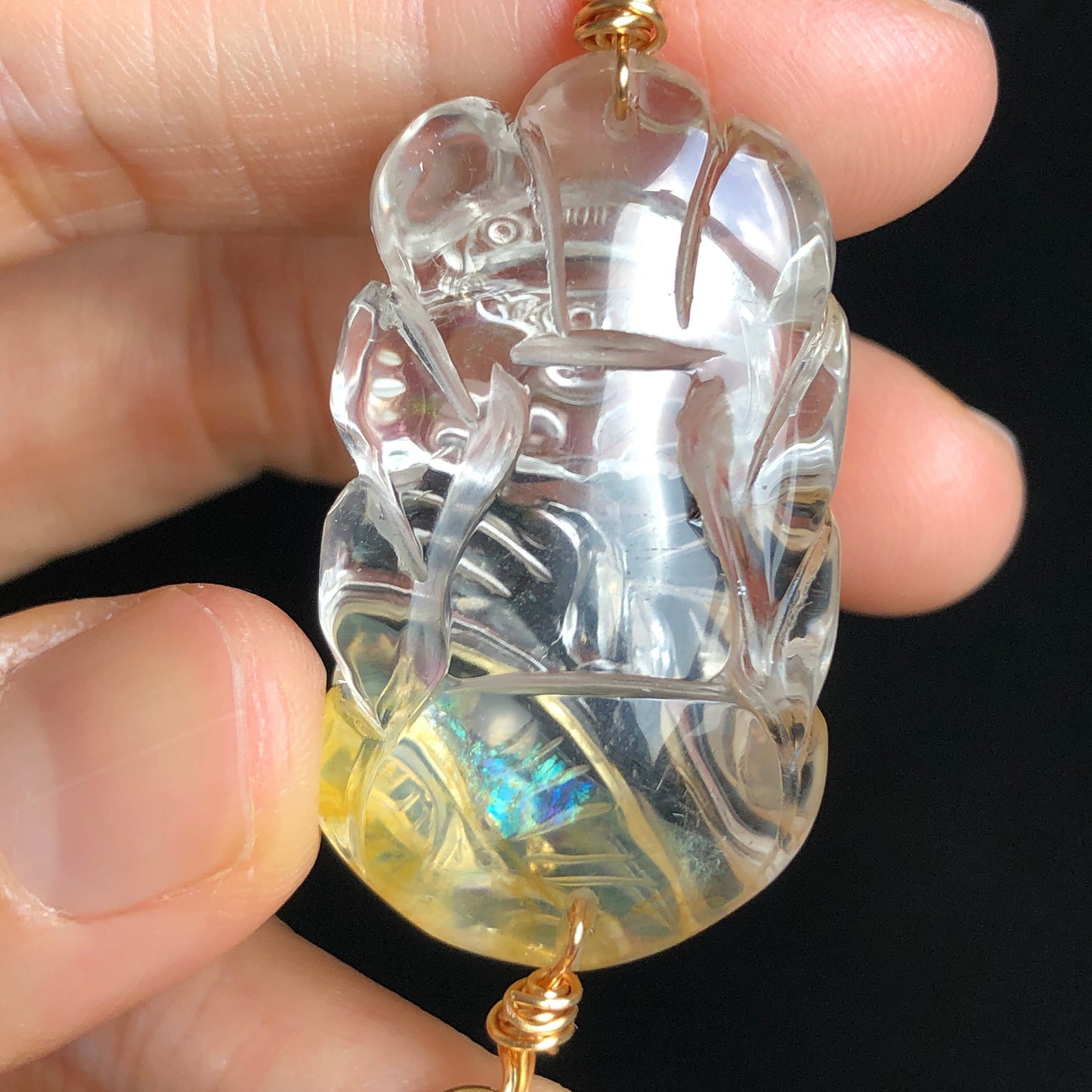 High Quality Natural Rainbow Yellow Hematoid Quartz Crystal Hand Carved Nine-tailed Fox Pendant | Aquamarine Pearl Tassel | Necklace Chain