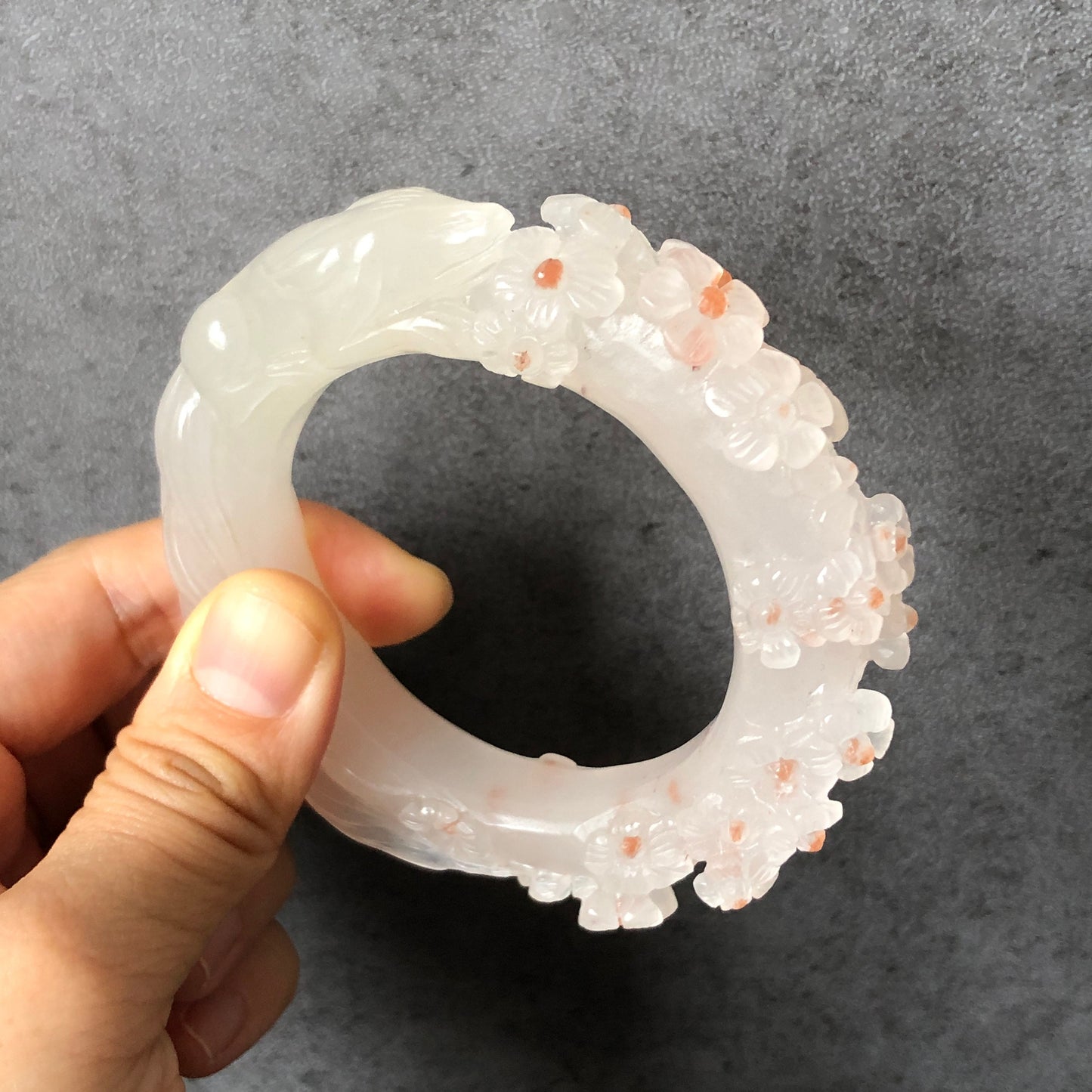 52.3mm Custom Size Natural SheTaiCui Jade (Quartzite) Hand Carved Nine-tailed Fox Flower Stone Crystal Bangle | Coral Pink Dots | Icy Milky