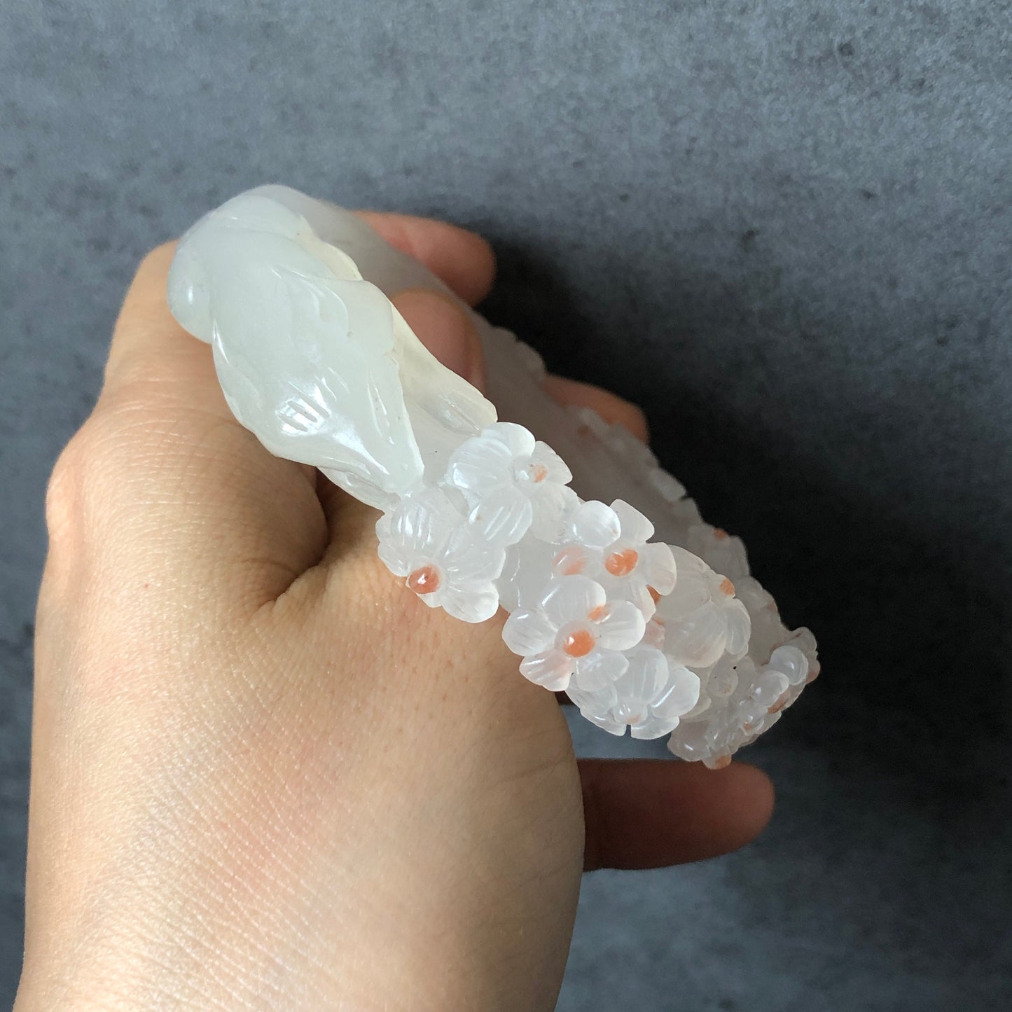 52.3mm Custom Size Natural SheTaiCui Jade (Quartzite) Hand Carved Nine-tailed Fox Flower Stone Crystal Bangle | Coral Pink Dots | Icy Milky