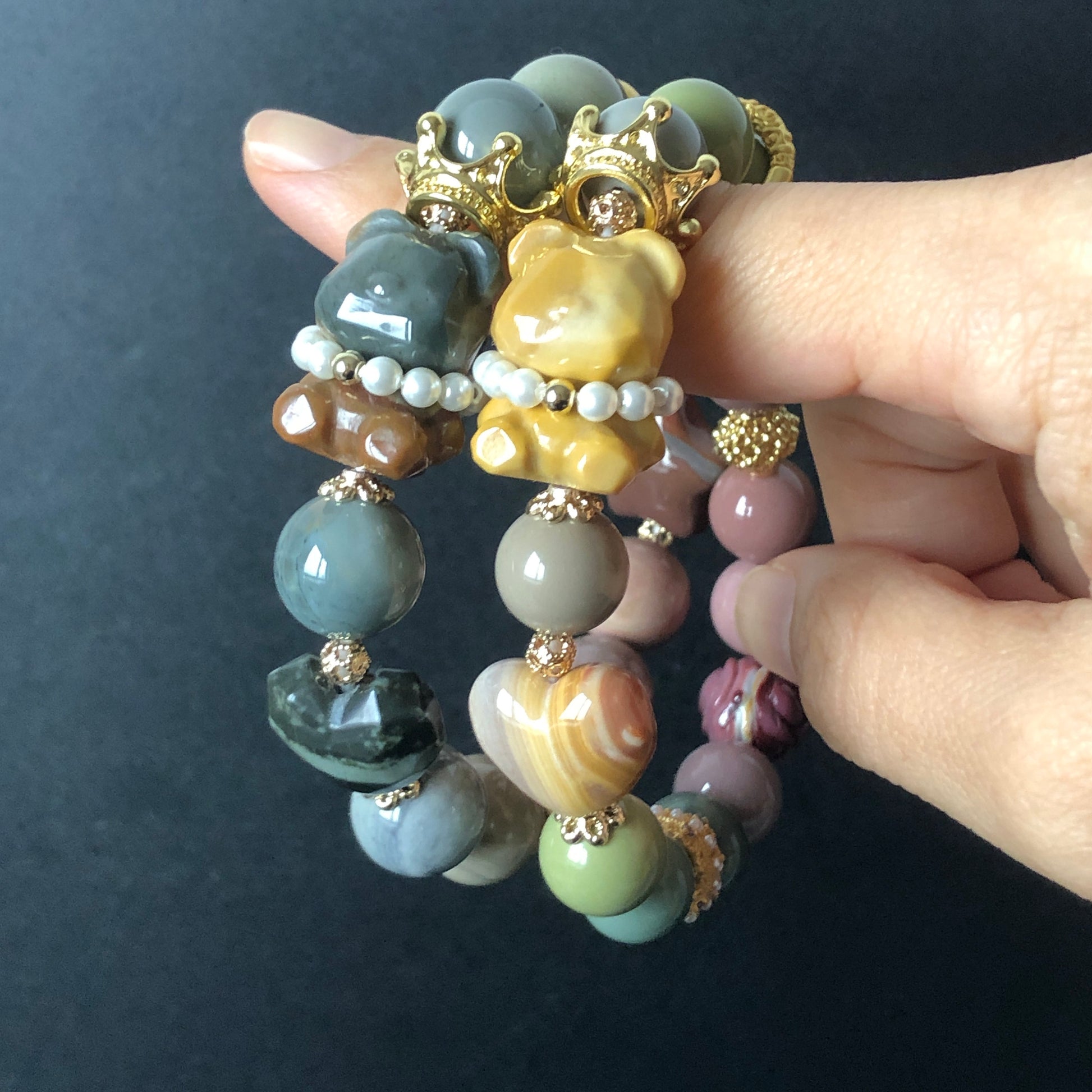 Alashan Agate carved Bear Prince bead bracelet | Forest and Light Prince | Green Brown and Milky Yellow | Custom made gemstone Gift for her