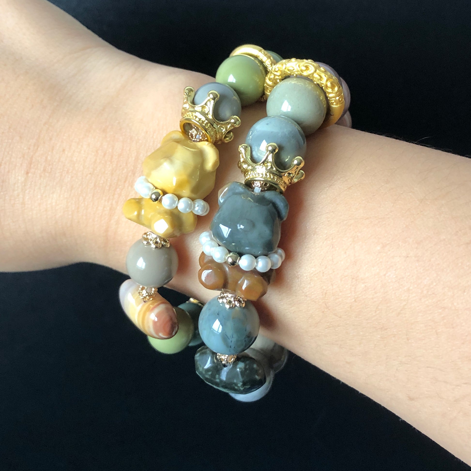 Alashan Agate carved Bear Prince bead bracelet | Forest and Light Prince | Green Brown and Milky Yellow | Custom made gemstone Gift for her