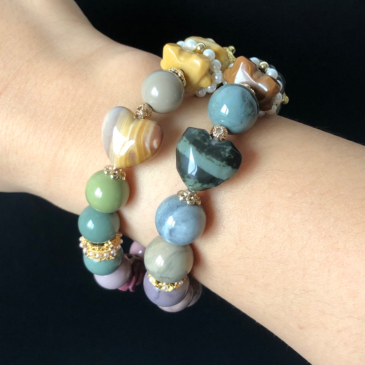 Alashan Agate carved Bear Prince bead bracelet | Forest and Light Prince | Green Brown and Milky Yellow | Custom made gemstone Gift for her