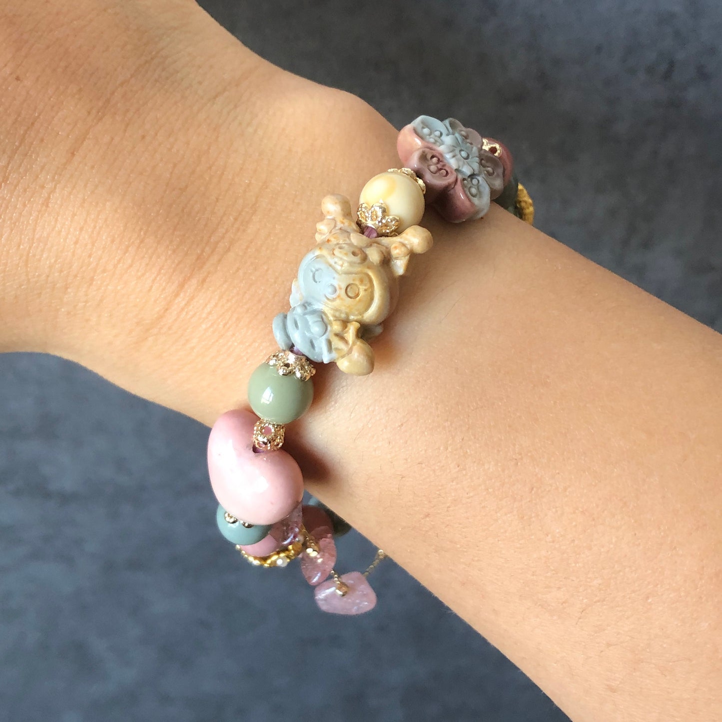 Alashan Agate carved Cupid Kuromi Bead Crystal Bracelet with Strawberry Quartz Chain | Macaron colour | Sakura and Heart Charm | Custom Made