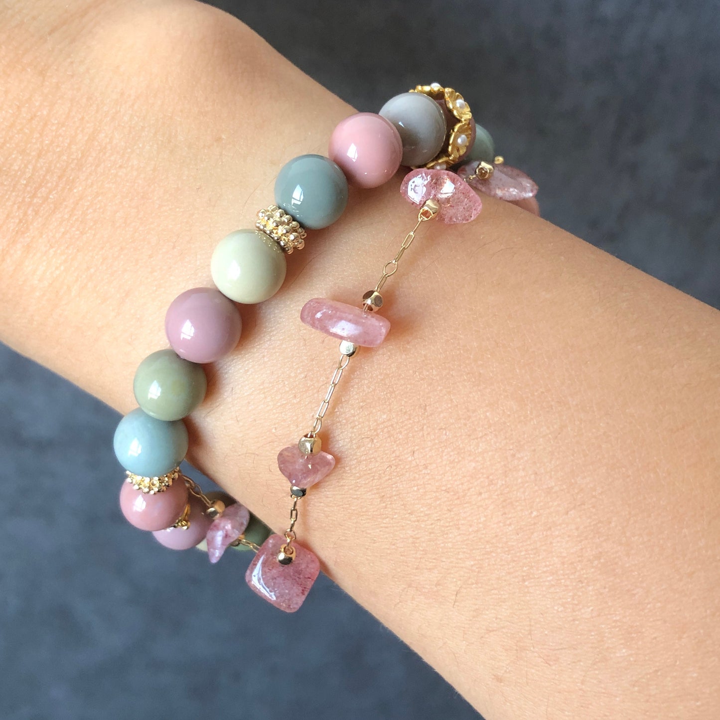 Alashan Agate carved Cupid Kuromi Bead Crystal Bracelet with Strawberry Quartz Chain | Macaron colour | Sakura and Heart Charm | Custom Made