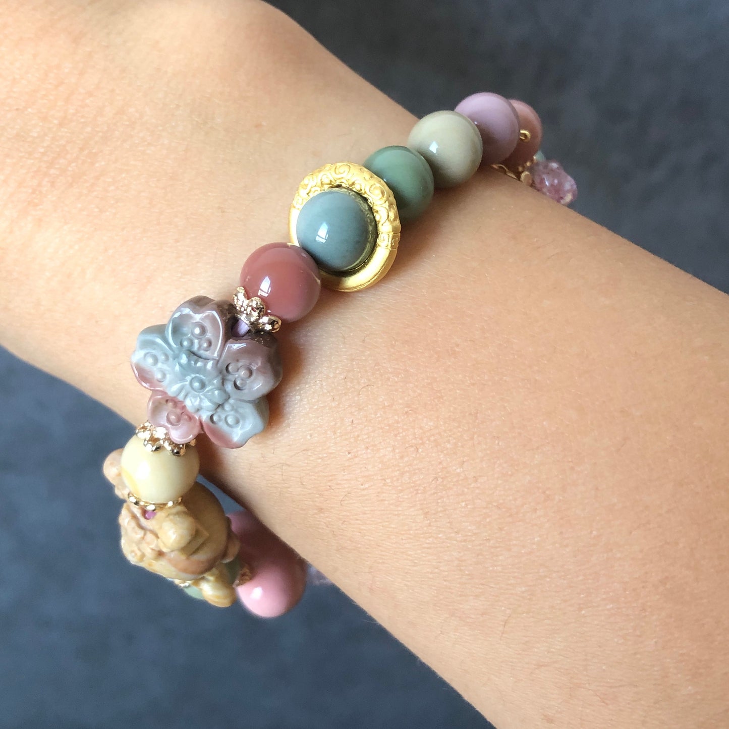 Alashan Agate carved Cupid Kuromi Bead Crystal Bracelet with Strawberry Quartz Chain | Macaron colour | Sakura and Heart Charm | Custom Made