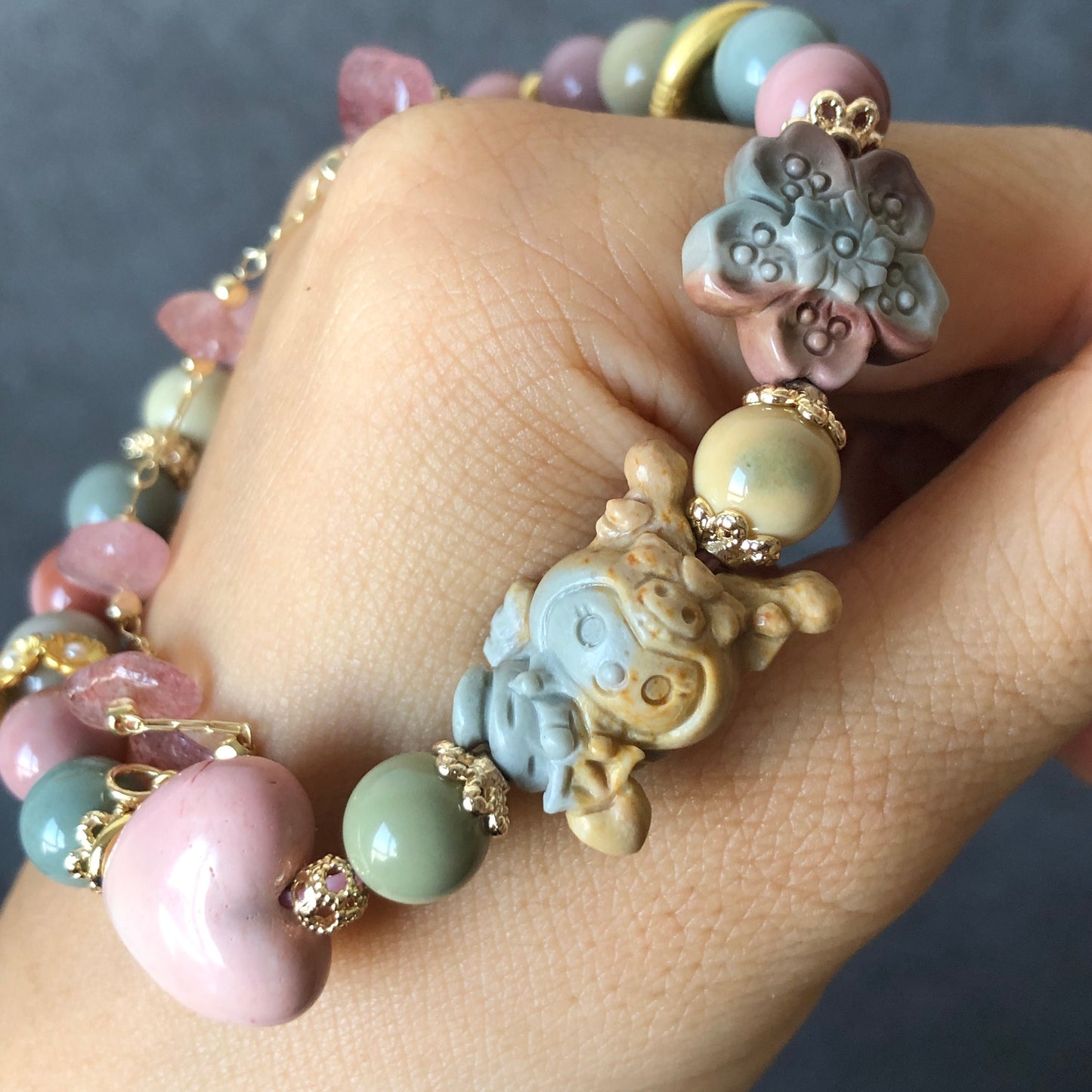 Alashan Agate carved Cupid Kuromi Bead Crystal Bracelet with Strawberry Quartz Chain | Macaron colour | Sakura and Heart Charm | Custom Made