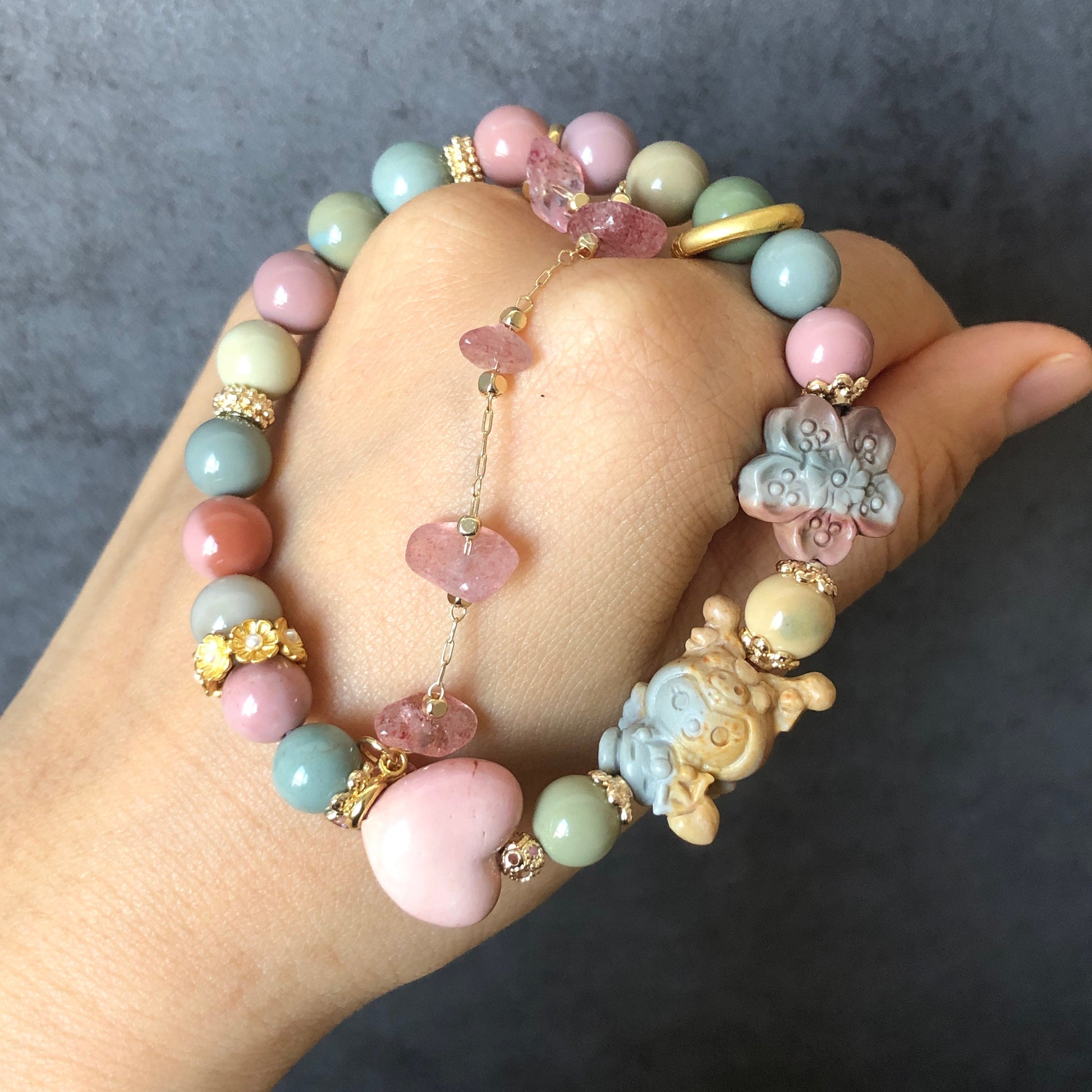 Alashan Agate carved Cupid Kuromi Bead Crystal Bracelet with Strawberry Quartz Chain | Macaron colour | Sakura and Heart Charm | Custom Made