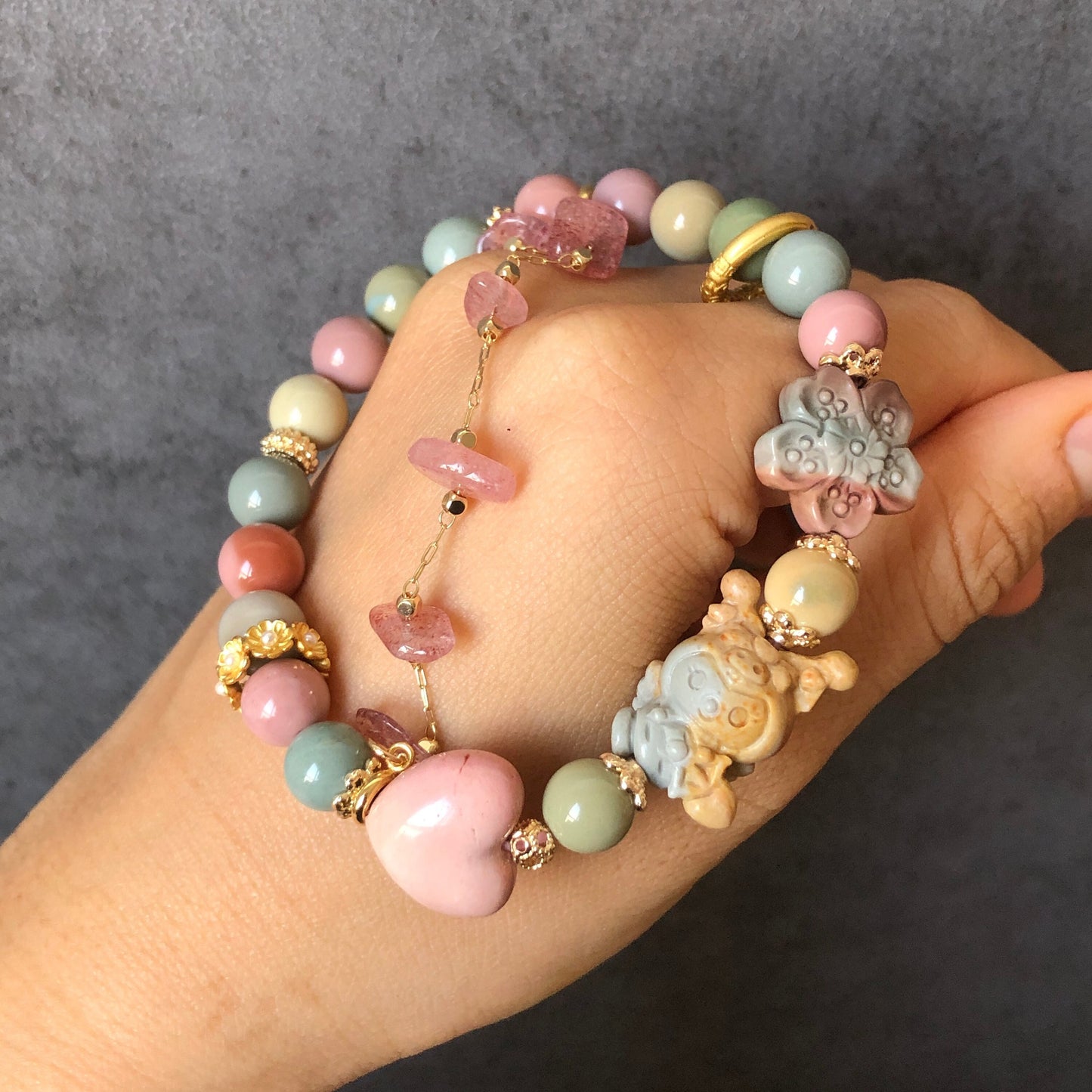 Alashan Agate carved Cupid Kuromi Bead Crystal Bracelet with Strawberry Quartz Chain | Macaron colour | Sakura and Heart Charm | Custom Made