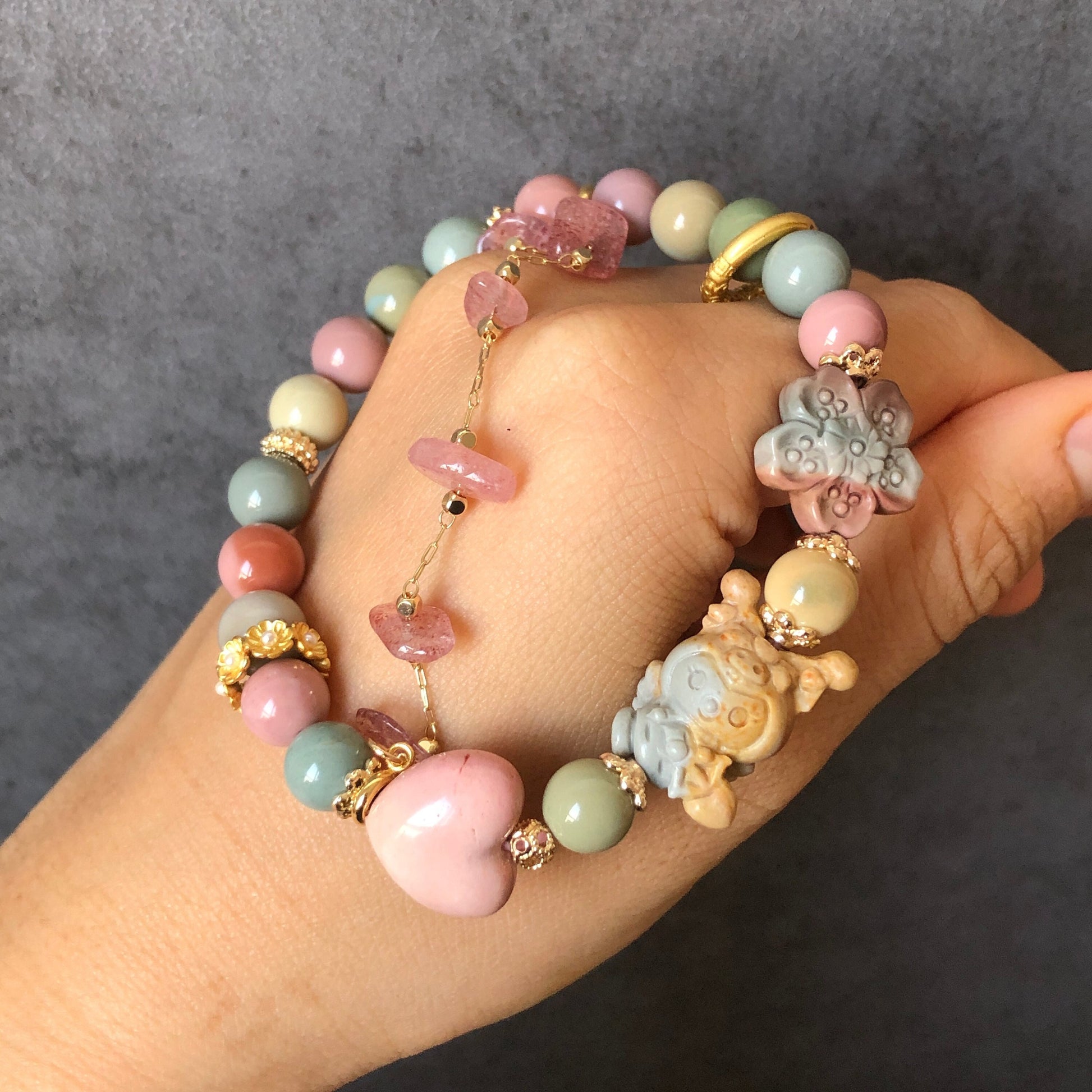 Alashan Agate carved Cupid Kuromi Bead Crystal Bracelet with Strawberry Quartz Chain | Macaron colour | Sakura and Heart Charm | Custom Made