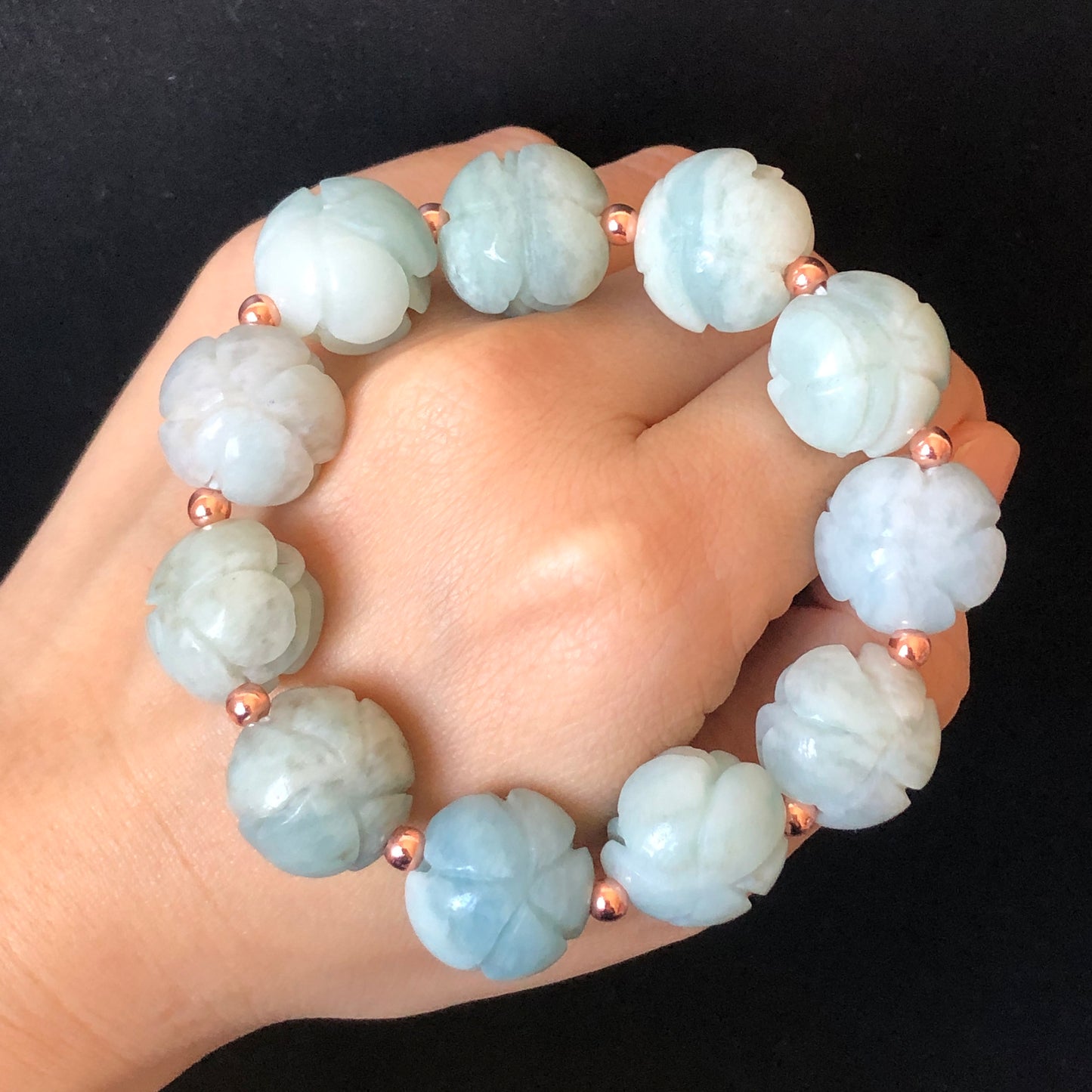 Natural SheTaicui jade (Quartzite) Carved Blue Rose icy crystal charms Bracelet | Blue Sky and White Cloud | Cute & Sweet | Custom made