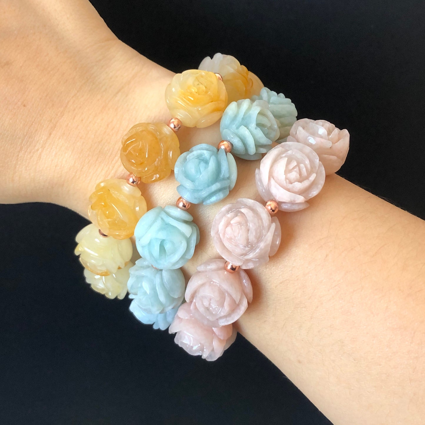 Natural SheTaicui Jade (Quartzite) carved icy Rose crystal charms Bracelet | Yellow Pinapple, Blue Sky, Sakura Pink | Personalized Gift