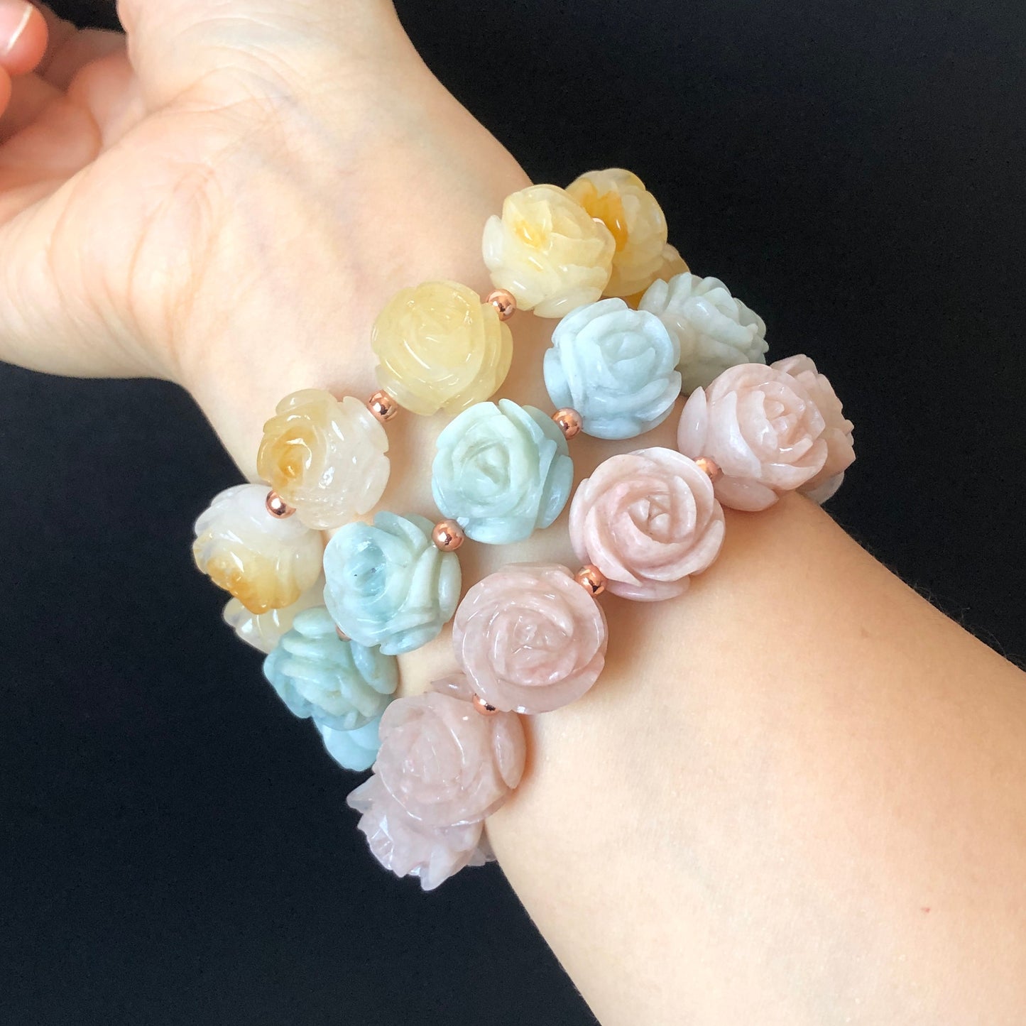 Natural SheTaicui Jade (Quartzite) carved icy Rose crystal charms Bracelet | Yellow Pinapple, Blue Sky, Sakura Pink | Personalized Gift