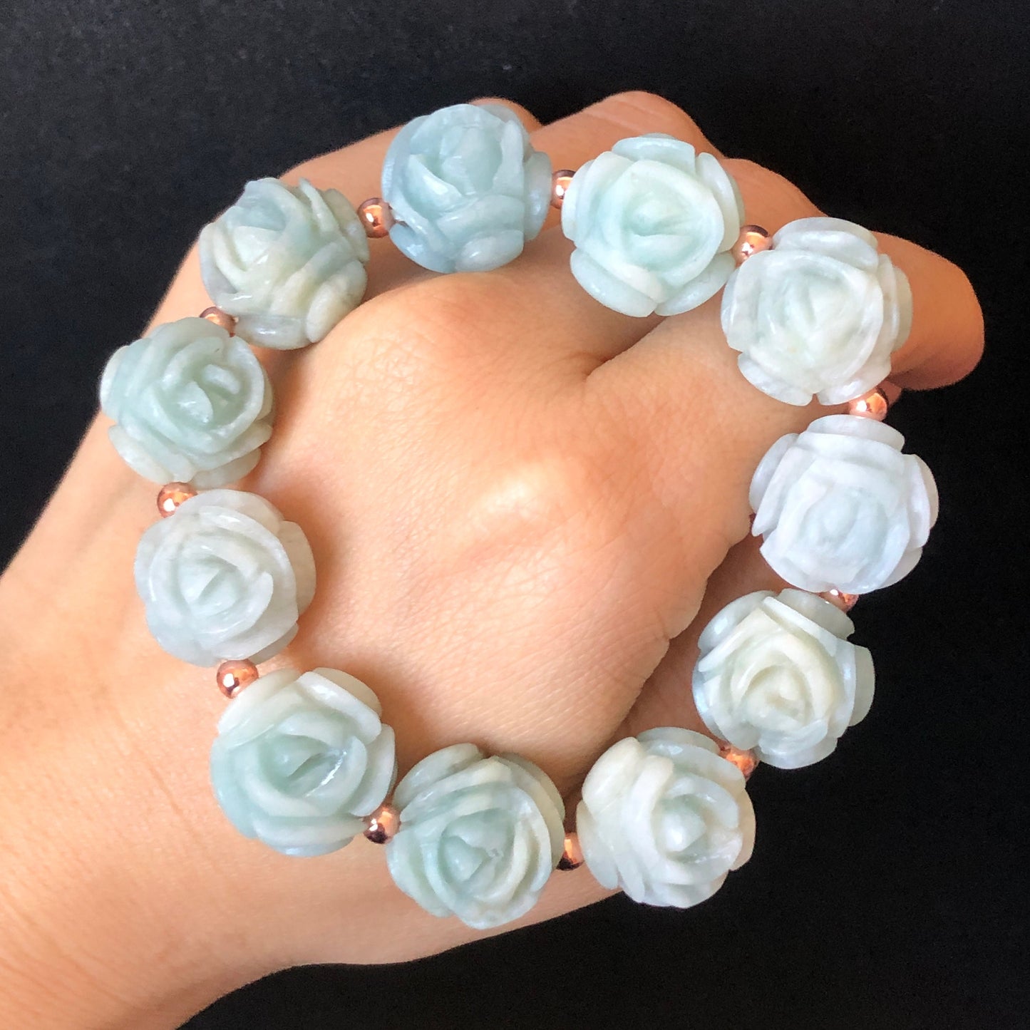 Natural SheTaicui Jade (Quartzite) carved icy Rose crystal charms Bracelet | Yellow Pinapple, Blue Sky, Sakura Pink | Personalized Gift