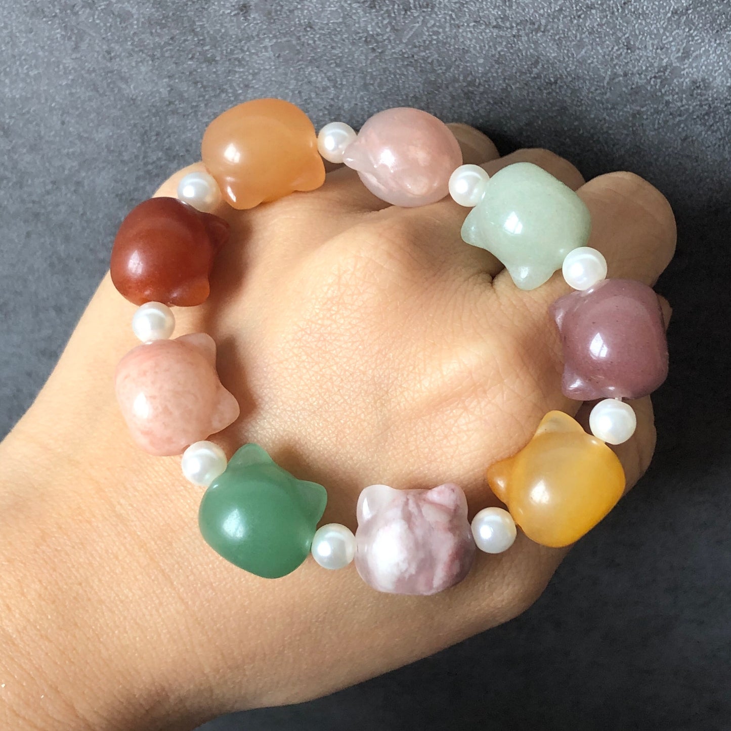 Natural SheTaicui Jade (Quartzite) carved icy Cat charms crystal Bracelet | Rainbow colour | Sweet & Cute | Cat lovers | Personalized Gift