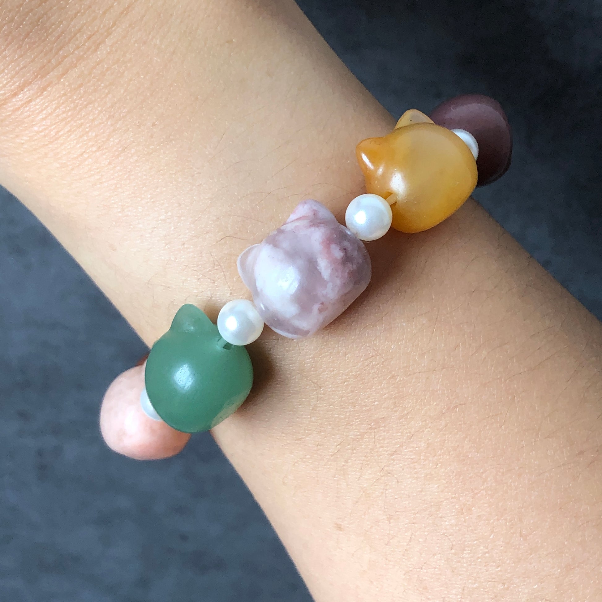 Natural SheTaicui Jade (Quartzite) carved icy Cat charms crystal Bracelet | Rainbow colour | Sweet & Cute | Cat lovers | Personalized Gift