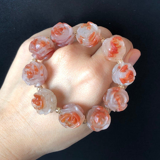 Natural SheTaicui Jade (Quartzite) carved icy Red Rose crystal charm Bracelet | Red plum blossom | Personalized Gemstone Gift | Custom Made