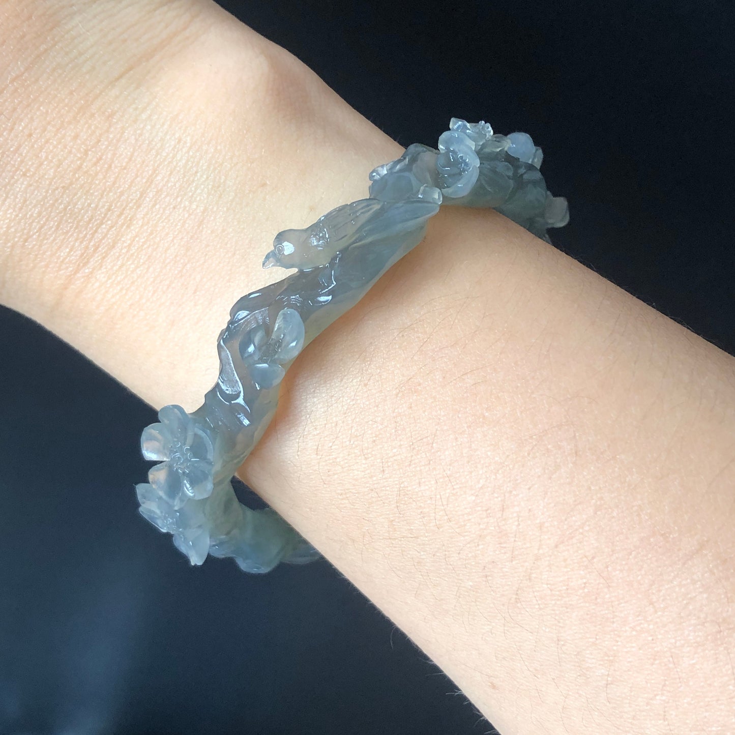 52-66mm Custom Size Natural Xiu Jade Serpentine Hand Carved Magpie Birds and Flower Bangle | Icy Gray | Stone Crystal Gemstone Jewellery