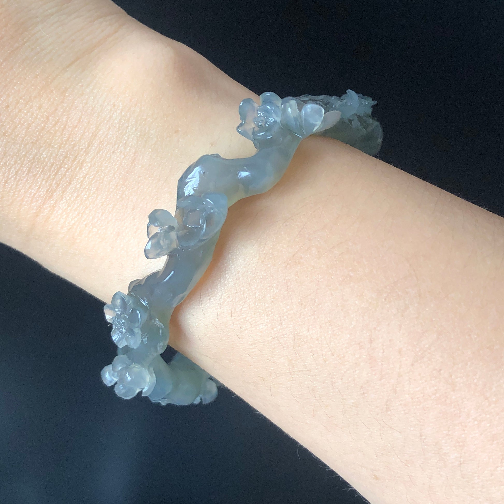 52-66mm Custom Size Natural Xiu Jade Serpentine Hand Carved Magpie Birds and Flower Bangle | Icy Gray | Stone Crystal Gemstone Jewellery