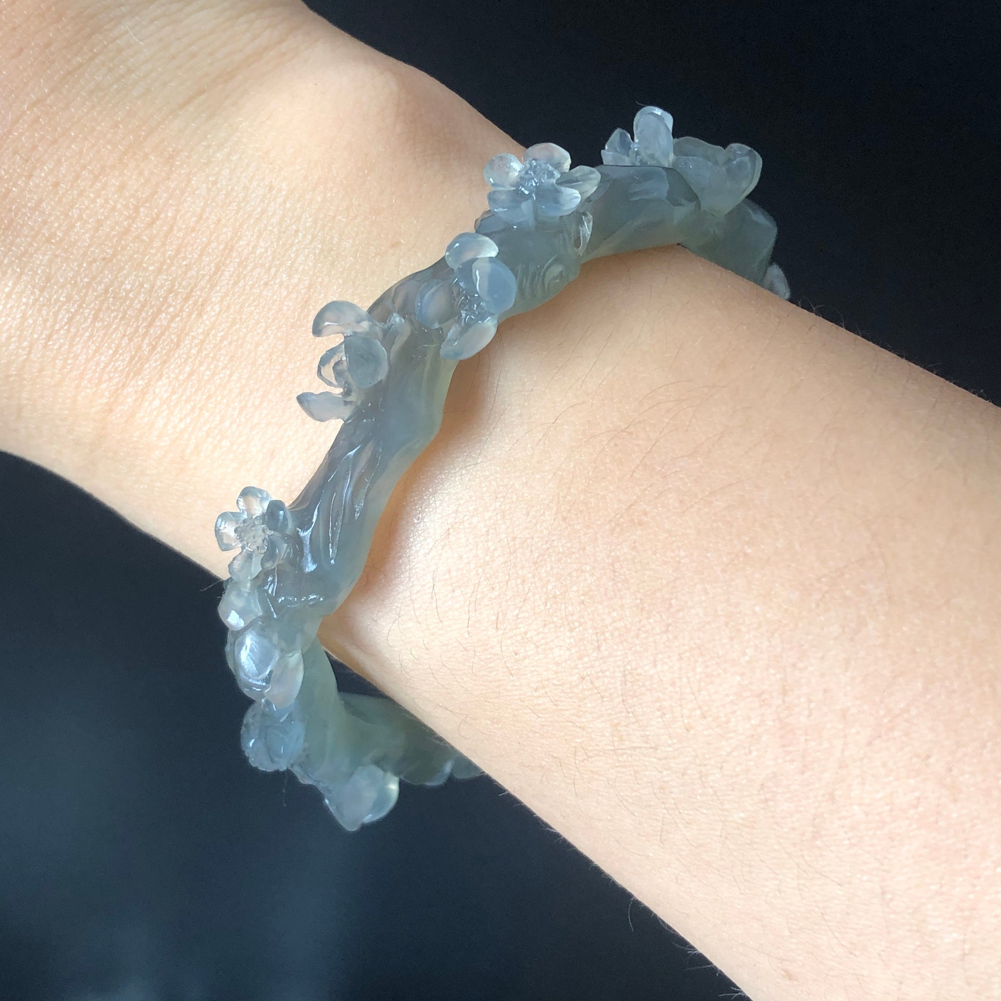 52-66mm Custom Size Natural Xiu Jade Serpentine Hand Carved Magpie Birds and Flower Bangle | Icy Gray | Stone Crystal Gemstone Jewellery