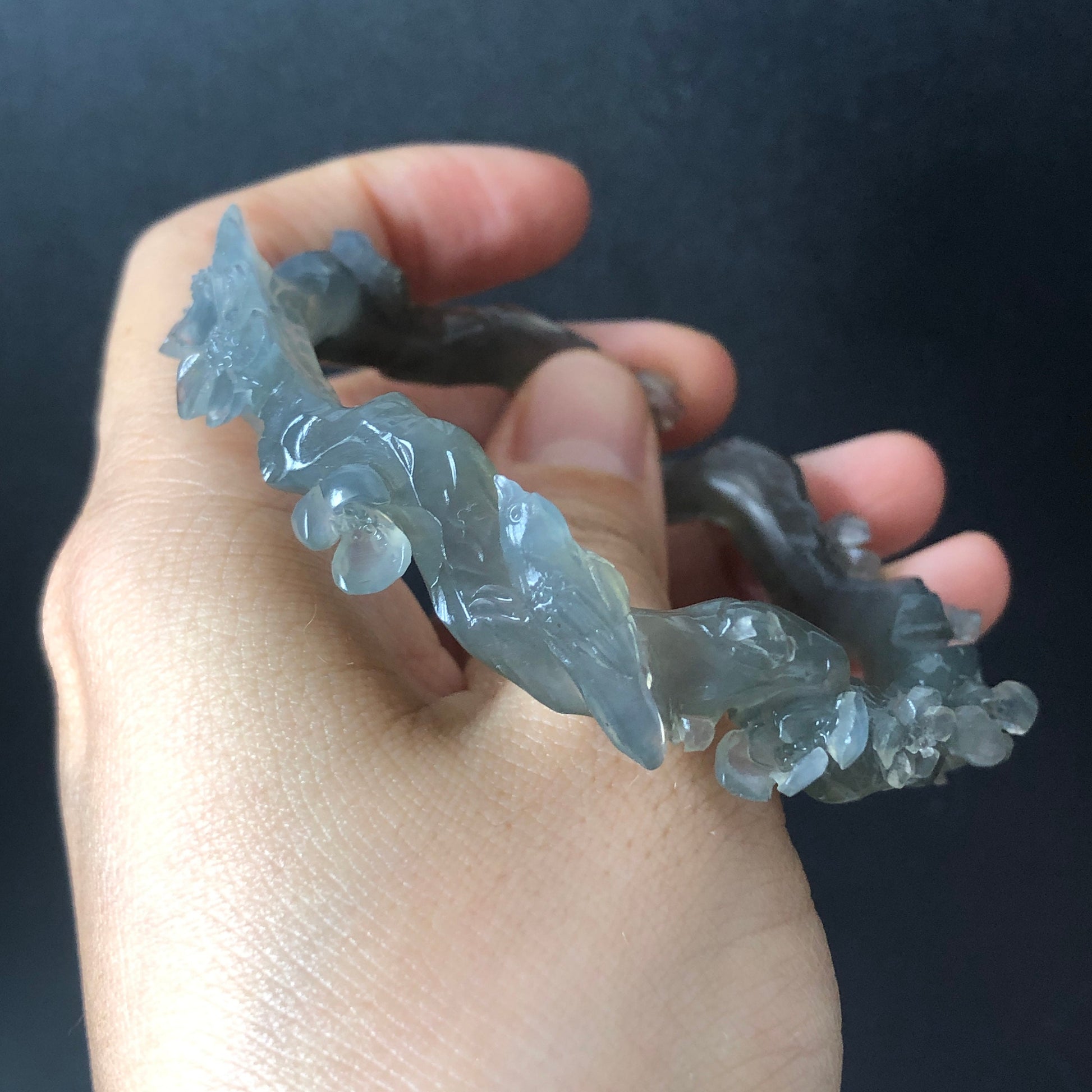 52-66mm Custom Size Natural Xiu Jade Serpentine Hand Carved Magpie Birds and Flower Bangle | Icy Gray | Stone Crystal Gemstone Jewellery