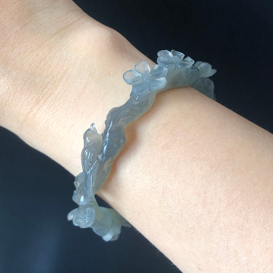 52-66mm Custom Size Natural Xiu Jade Serpentine Hand Carved Magpie Birds and Flower Bangle | Icy Gray | Stone Crystal Gemstone Jewellery