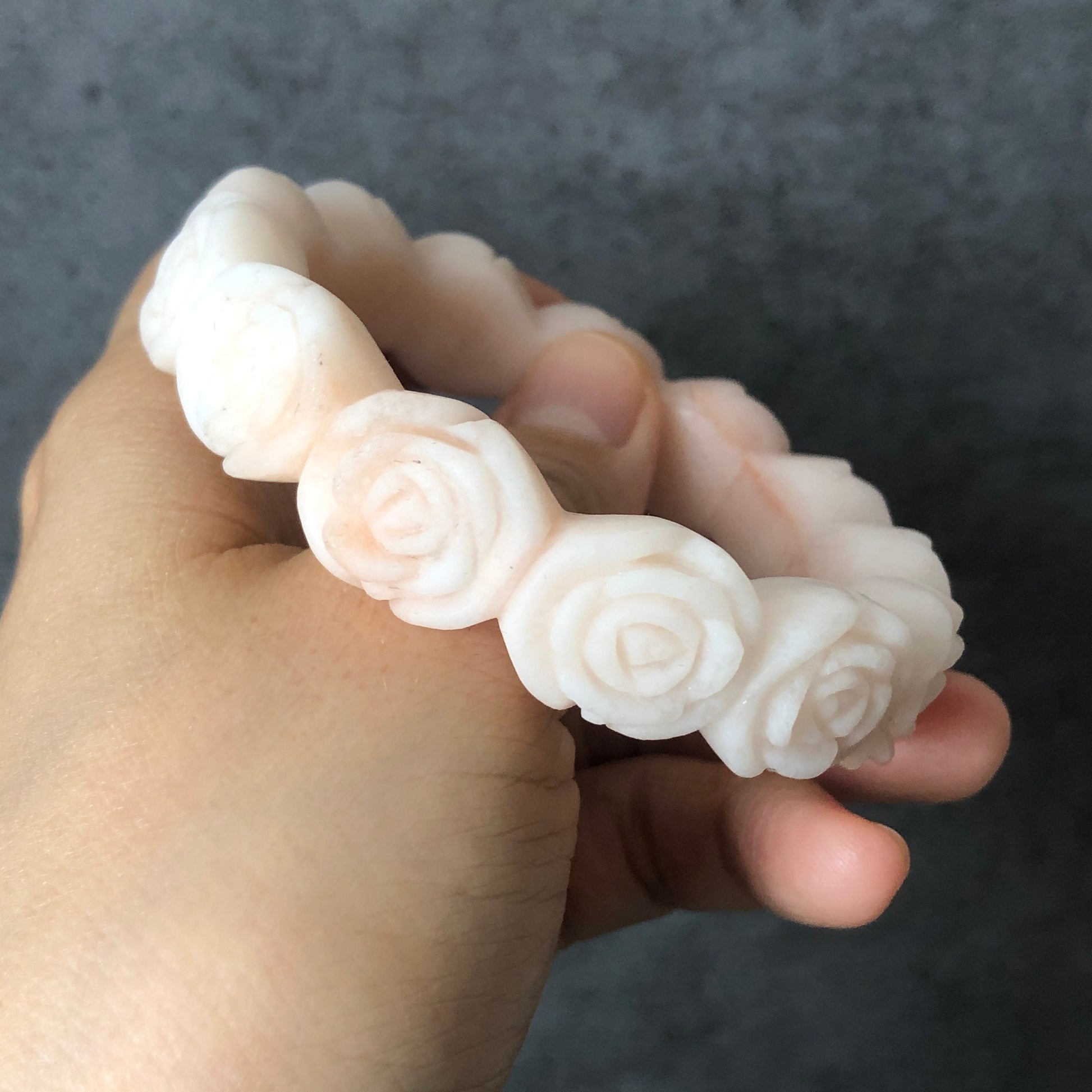 53.9mm Custom Size Natural SheTaicui jade (Quartzite) Carved Rose Bangle Bracelet | Milky Coral | Custom Made Size | Crystal Gemstone Stone