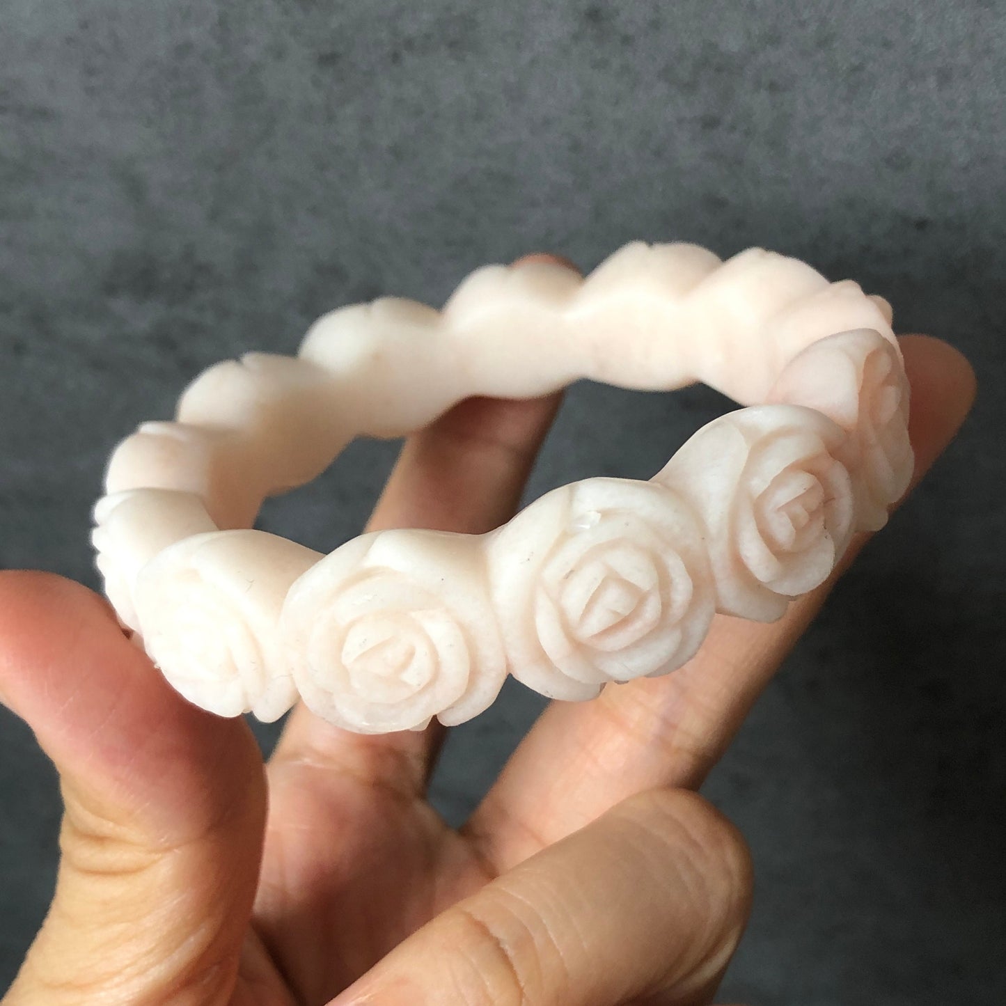 53.9mm Custom Size Natural SheTaicui jade (Quartzite) Carved Rose Bangle Bracelet | Milky Coral | Custom Made Size | Crystal Gemstone Stone