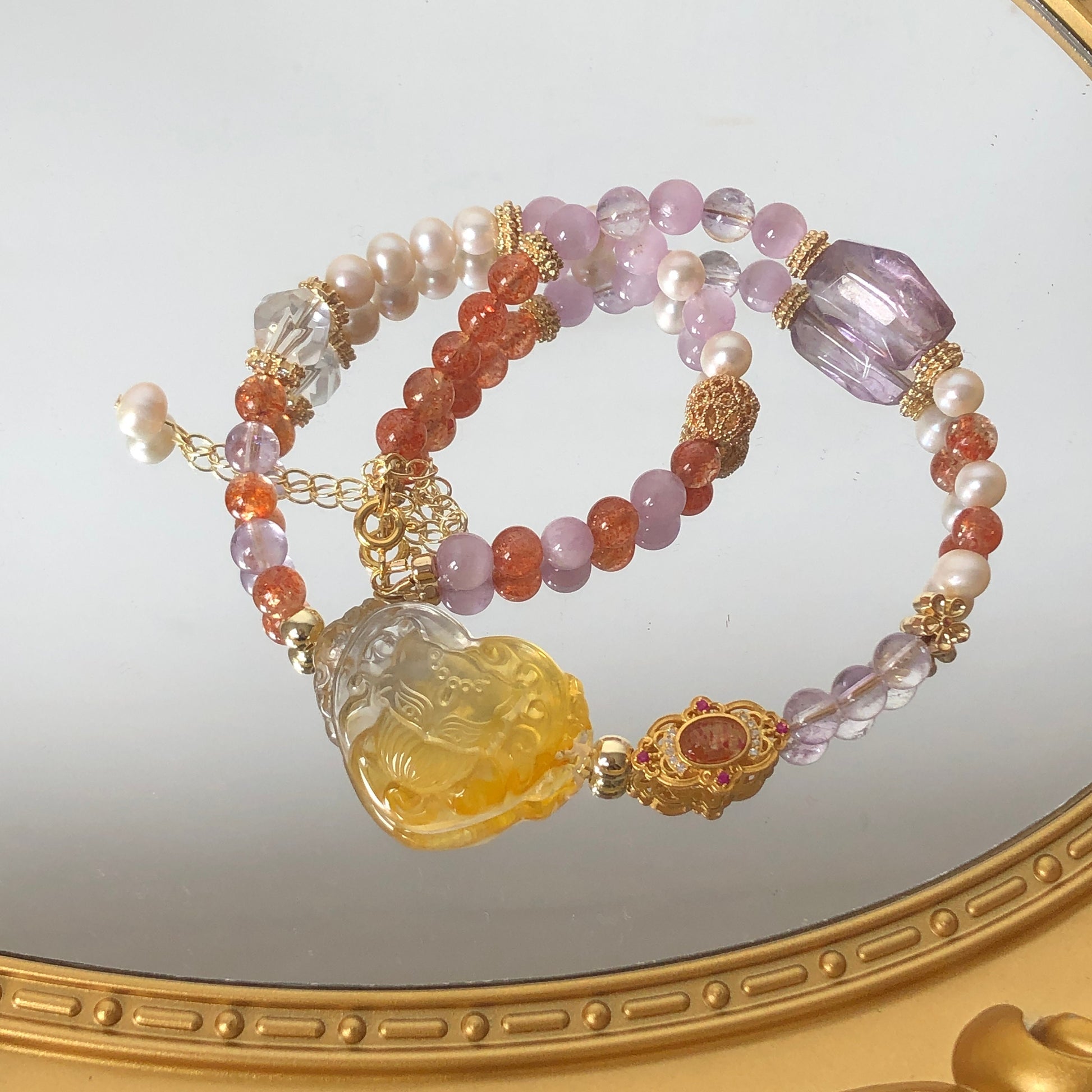 Rainbow Carved Yellow Hematoid Nine-tailed Fox 2 way Necklace Choker and Bracelet | Sunstone, Amethyst, Kunzite, Clear Quartz, Pearl