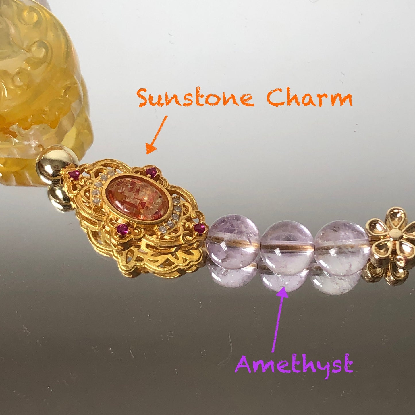 Rainbow Carved Yellow Hematoid Nine-tailed Fox 2 way Necklace Choker and Bracelet | Sunstone, Amethyst, Kunzite, Clear Quartz, Pearl